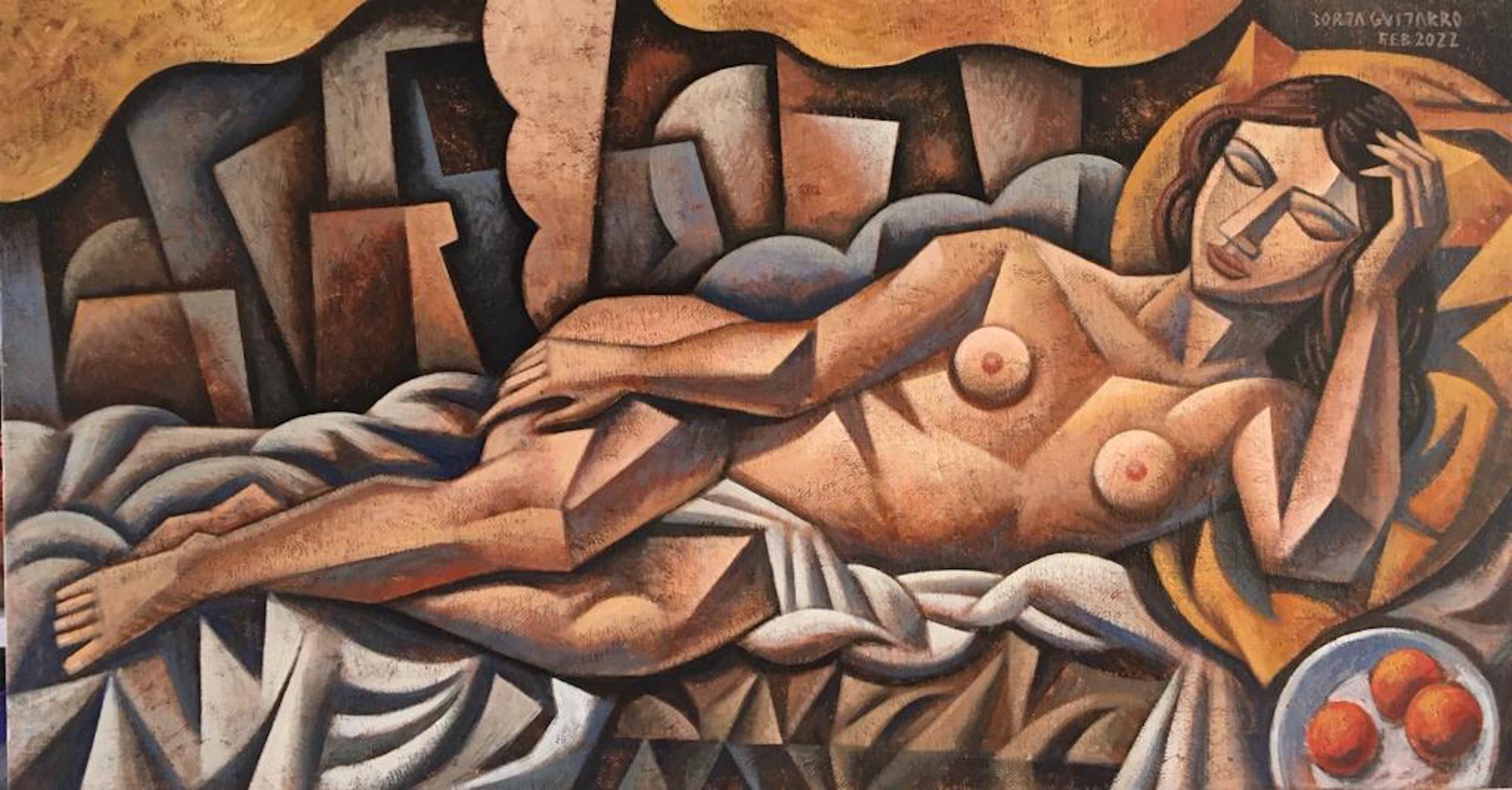 Borja Guijarro Figurative Painting - Reclining Nude - cubism art abstract figurative spanish portrature female form