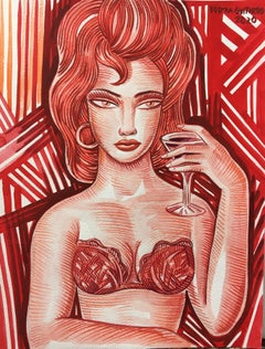 Red Pin Up - original female portrait abstract mixed media paint modern cubism