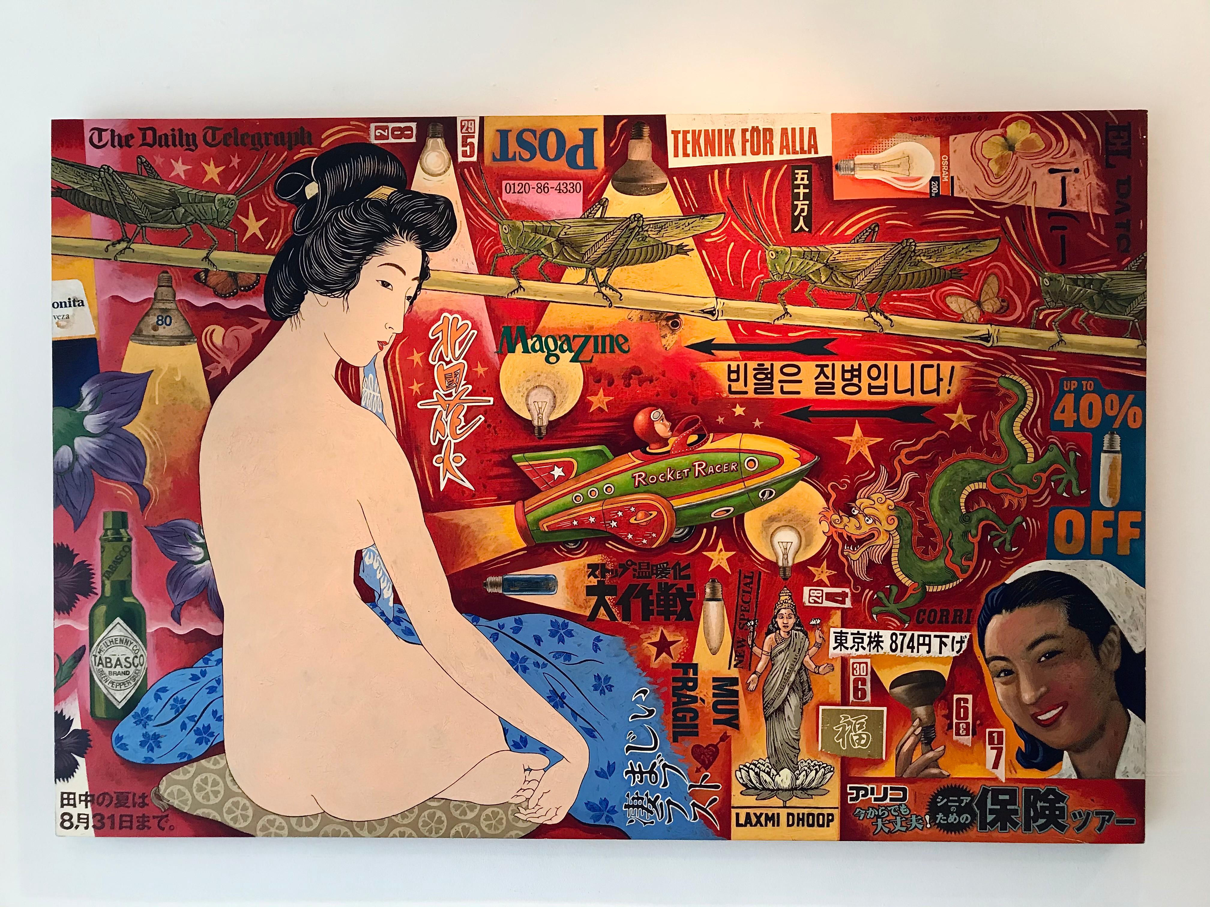 Rocket Racer-original abstract geisha figurative nude painting-contemporary Art - Cubist Painting by Borja Guijarro
