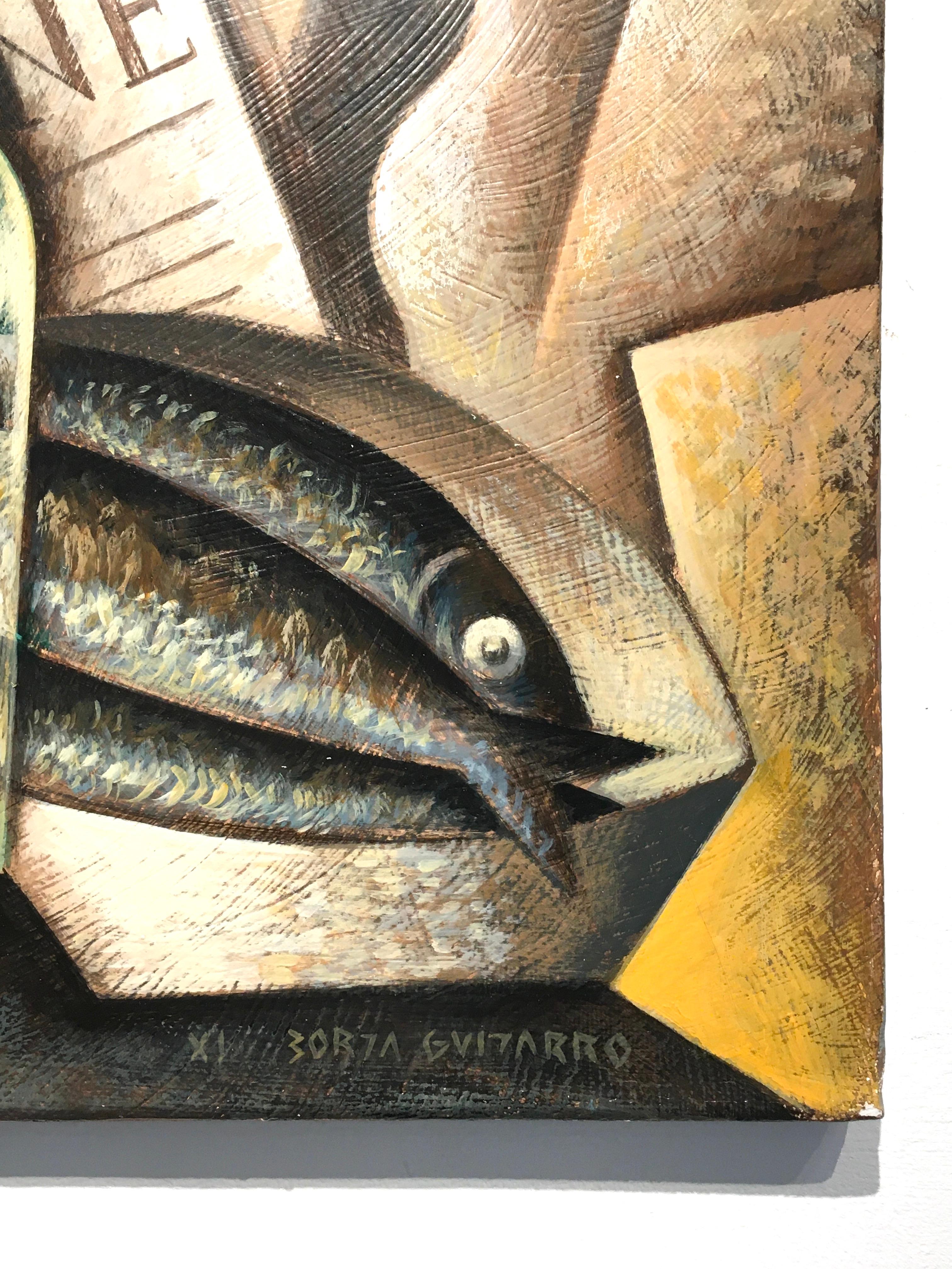 Sardines  & Newspaper original cubism painting - Painting by Borja Guijarro