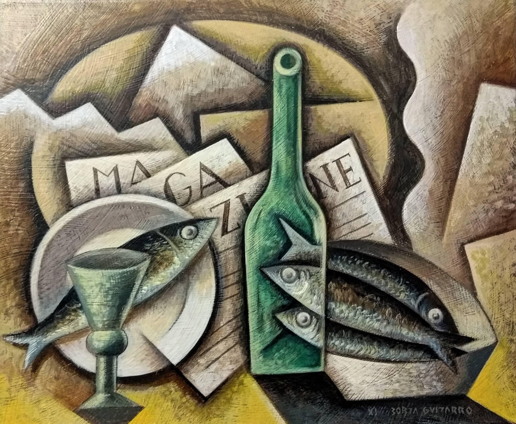 Borja Guijarro Abstract Painting - Sardines  & Newspaper original cubism painting