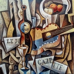 Used Still life with Bass & Guitar-original modern cubism painting-contemporary Art