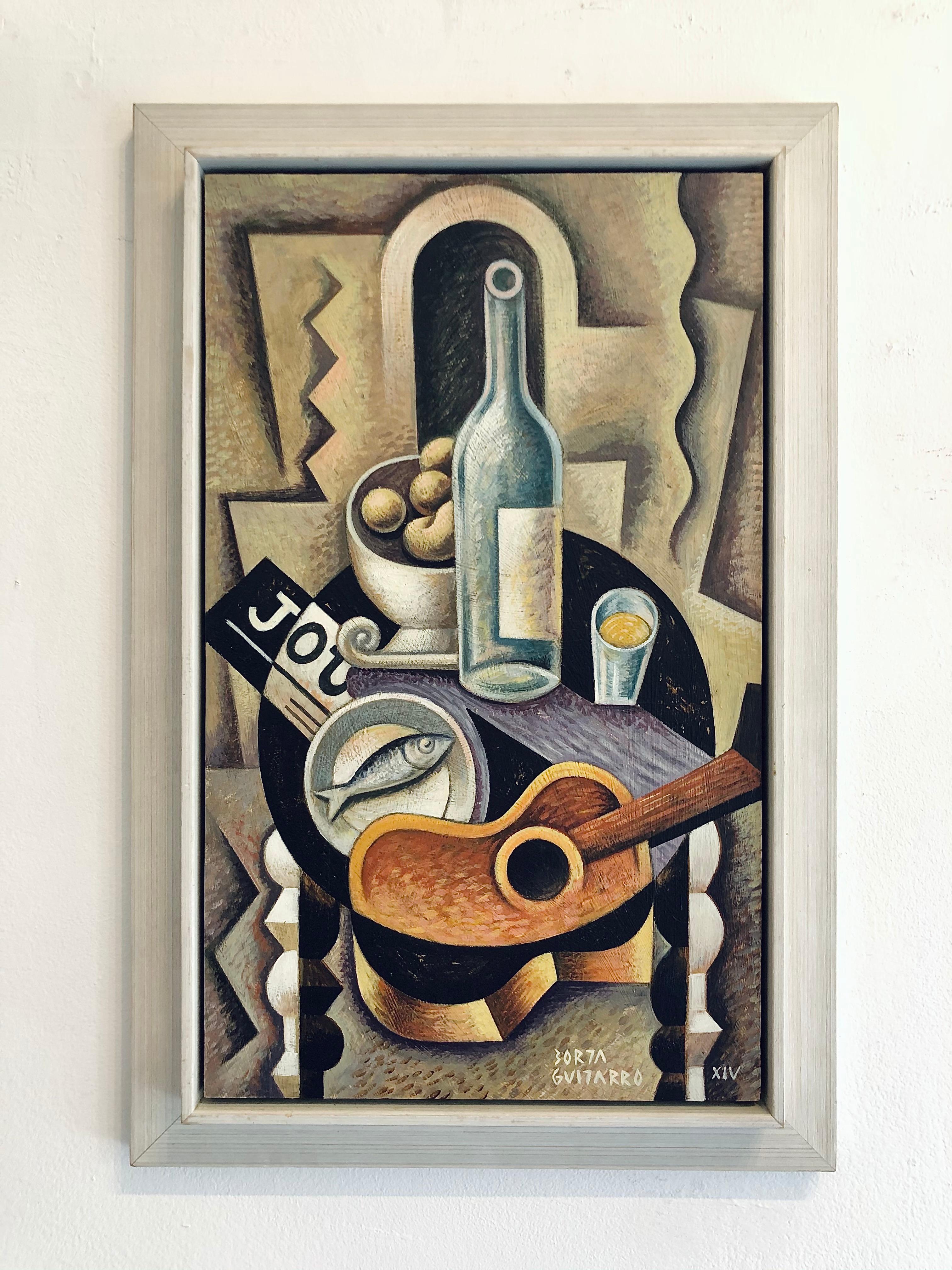 Still Life with guitar II - cubism still life painting abstract contemporary art - Painting by Borja Guijarro