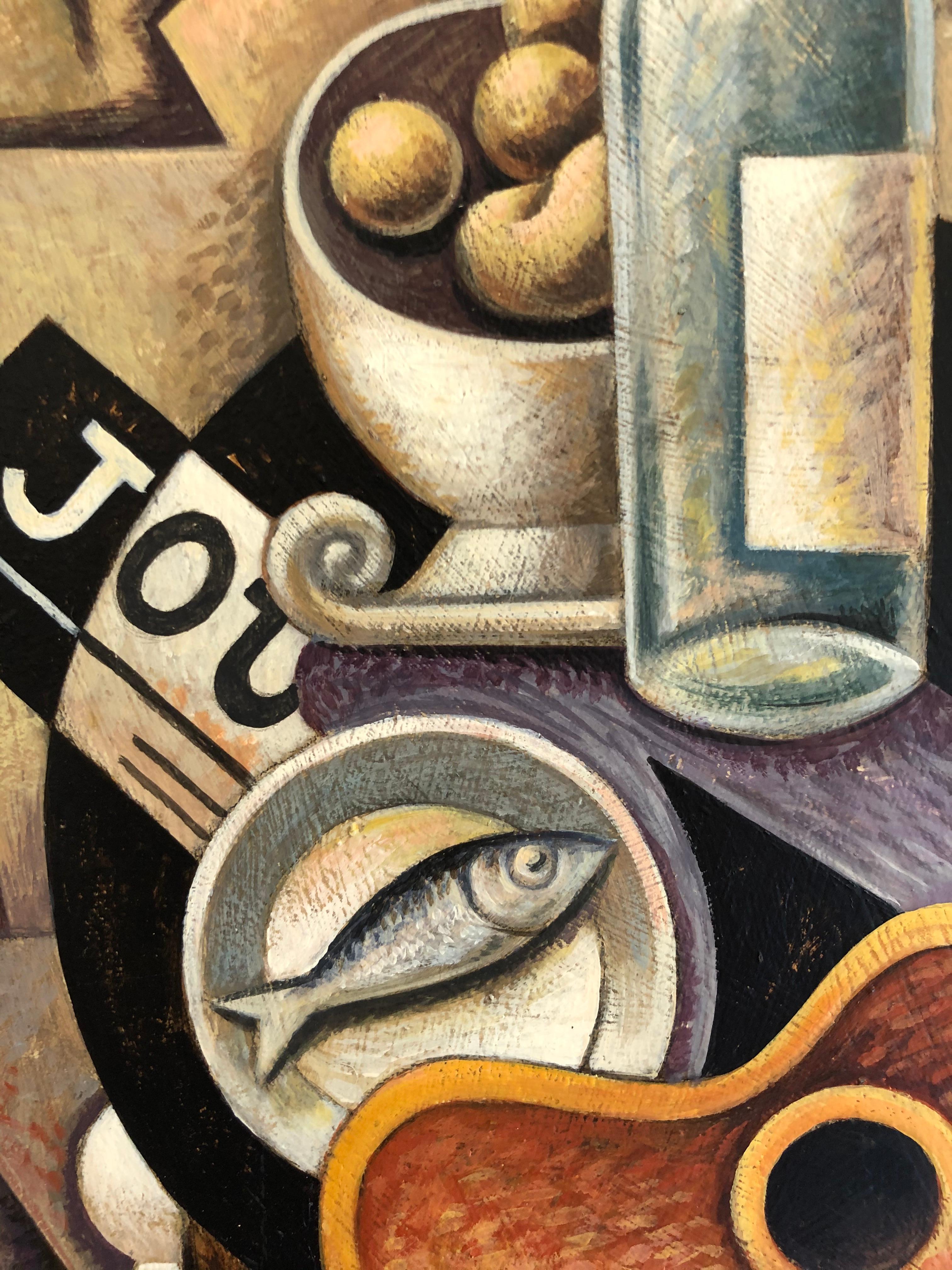 Stillleben mit Gitarre II – Kubismus-Stillleben-Gemälde abstrakte zeitgenössische Kunst im Angebot 1