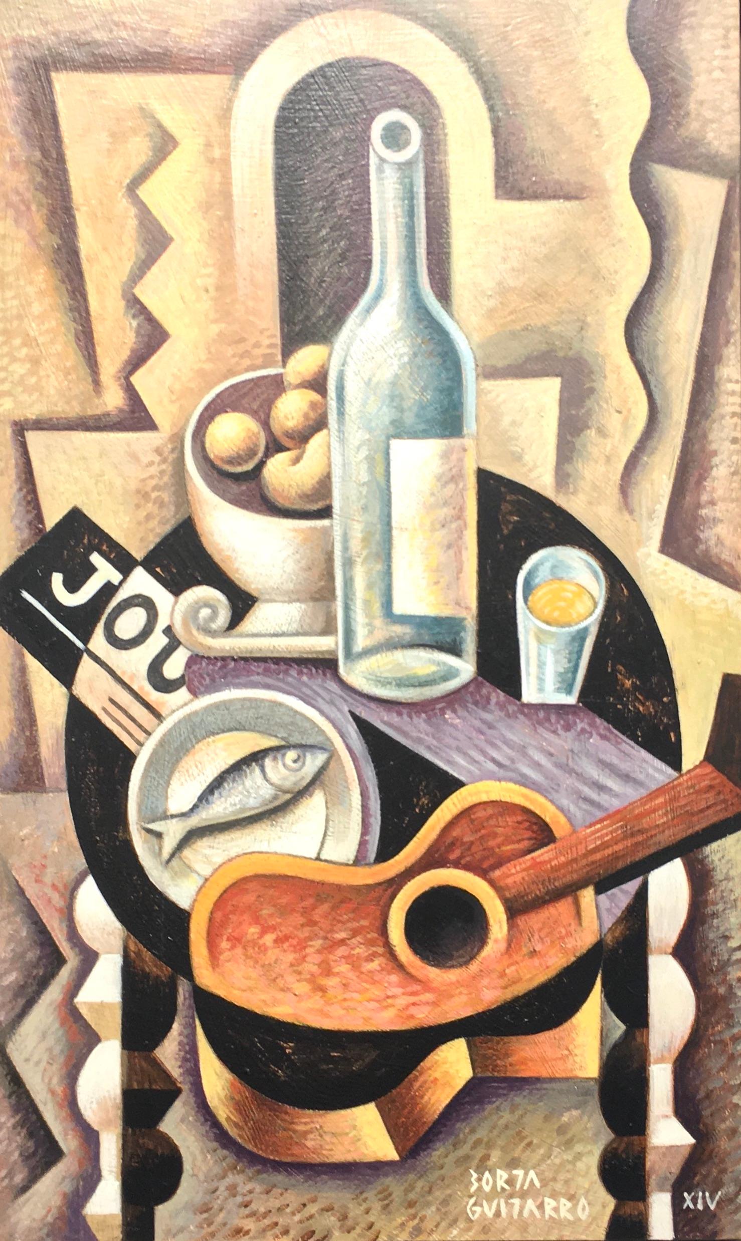 Borja Guijarro Still-Life Painting - Still Life with guitar II - cubism still life painting abstract contemporary art