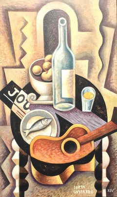 Still Life with guitar II - original cubism earth painting abstract contemporary
