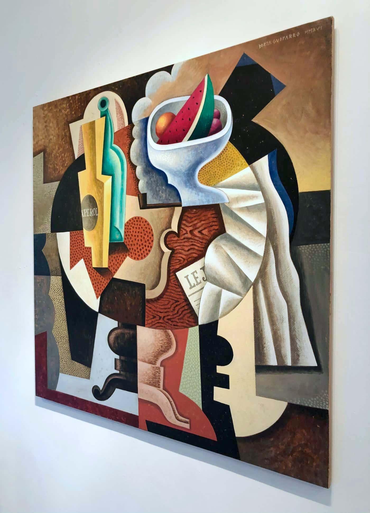 Mesa con Aperol y Frutas-original  cubismo bodegón pintura-arte contemporáneo - Painting Cubista de Borja Guijarro