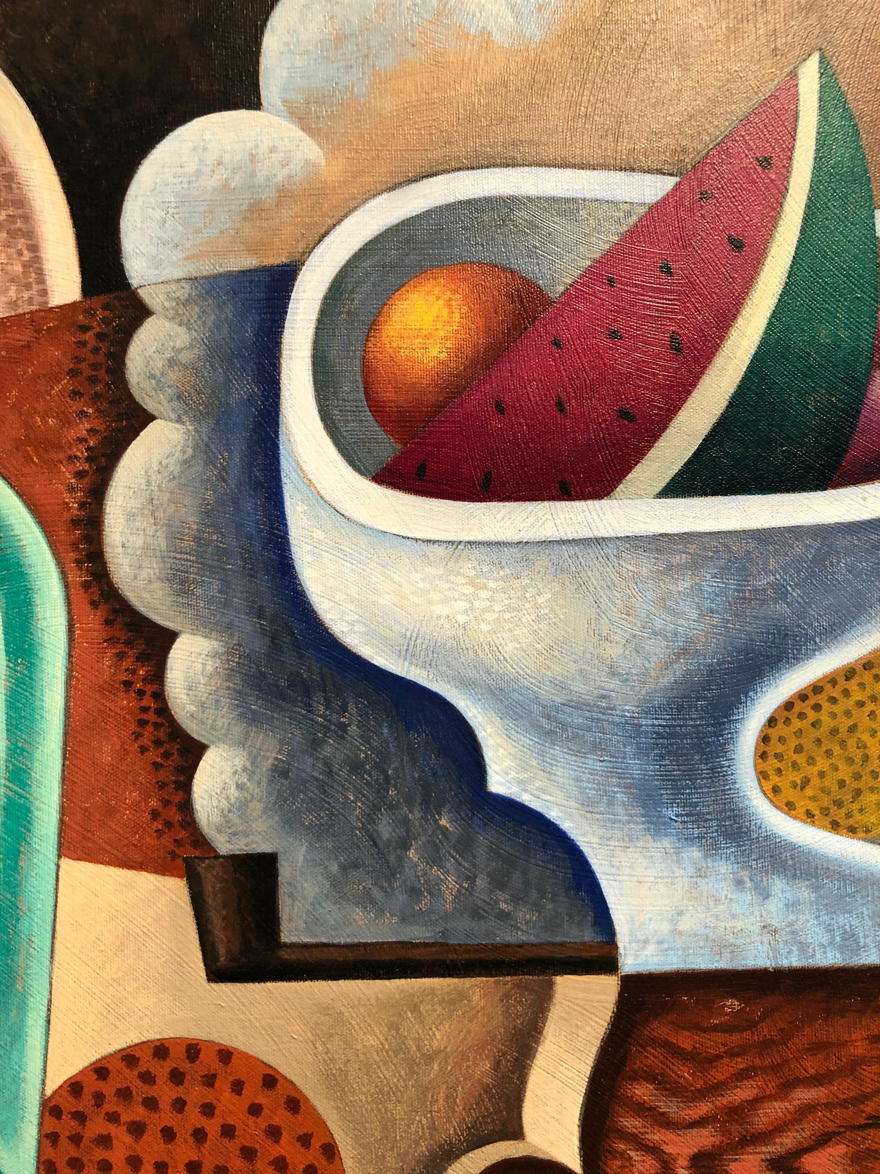 Mesa con Aperol y Frutas-original  cubismo bodegón pintura-arte contemporáneo - Still-Life Painting Marrón de Borja Guijarro