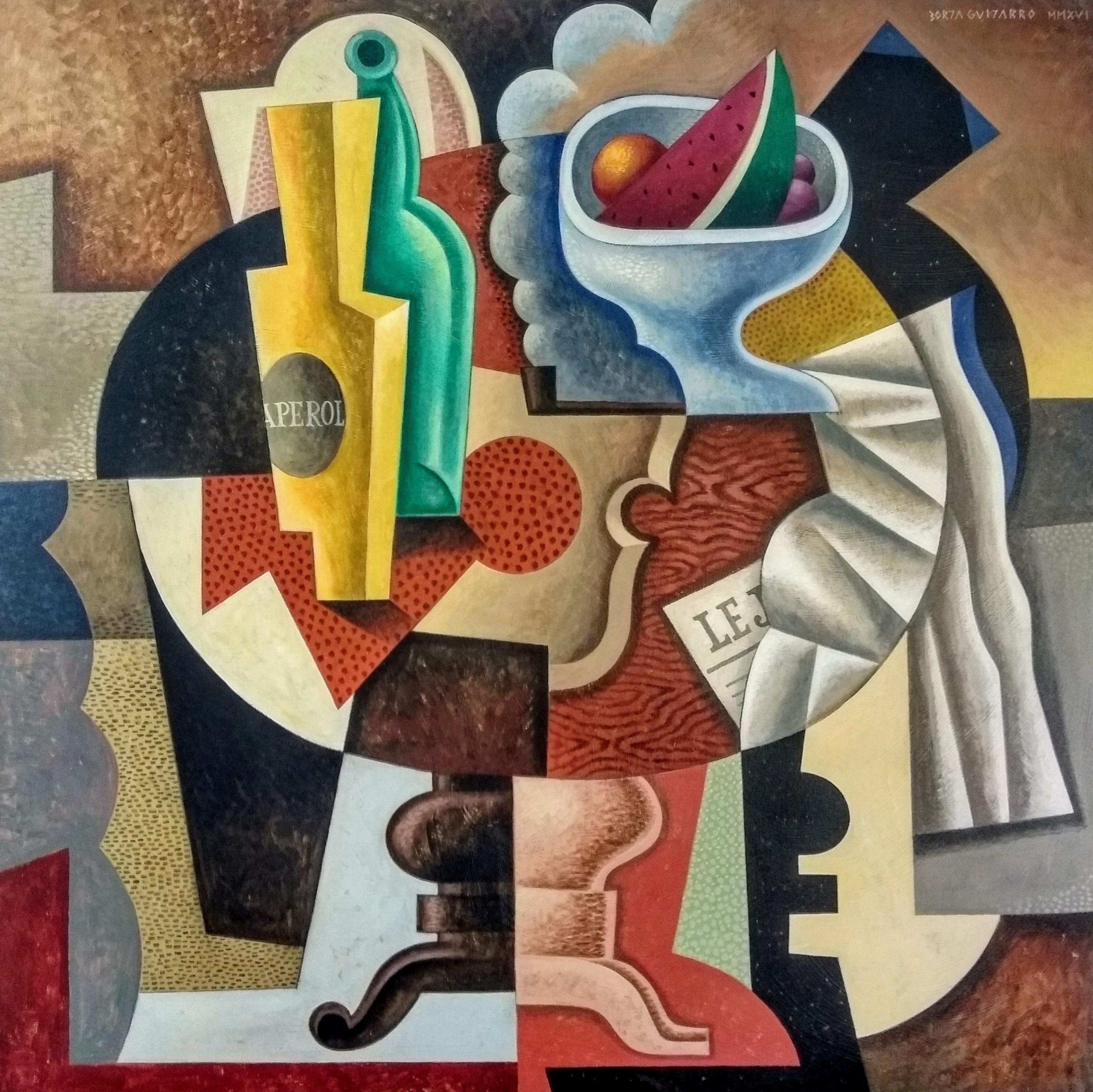 Tavolo con Aperol e frutta - originale  cubismo natura morta-arte contemporanea