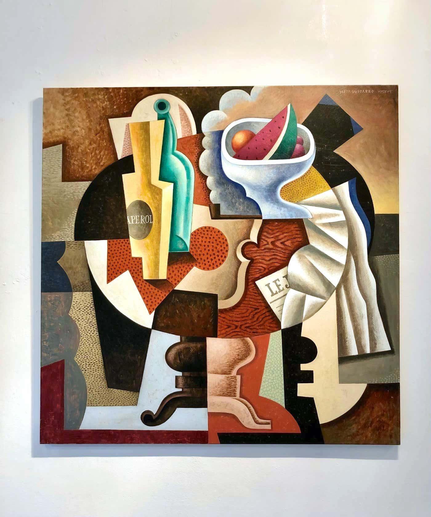 Tisch mit Aperol und Früchten – Original  kubismus stillleben malerei-zeitgenössische kunst