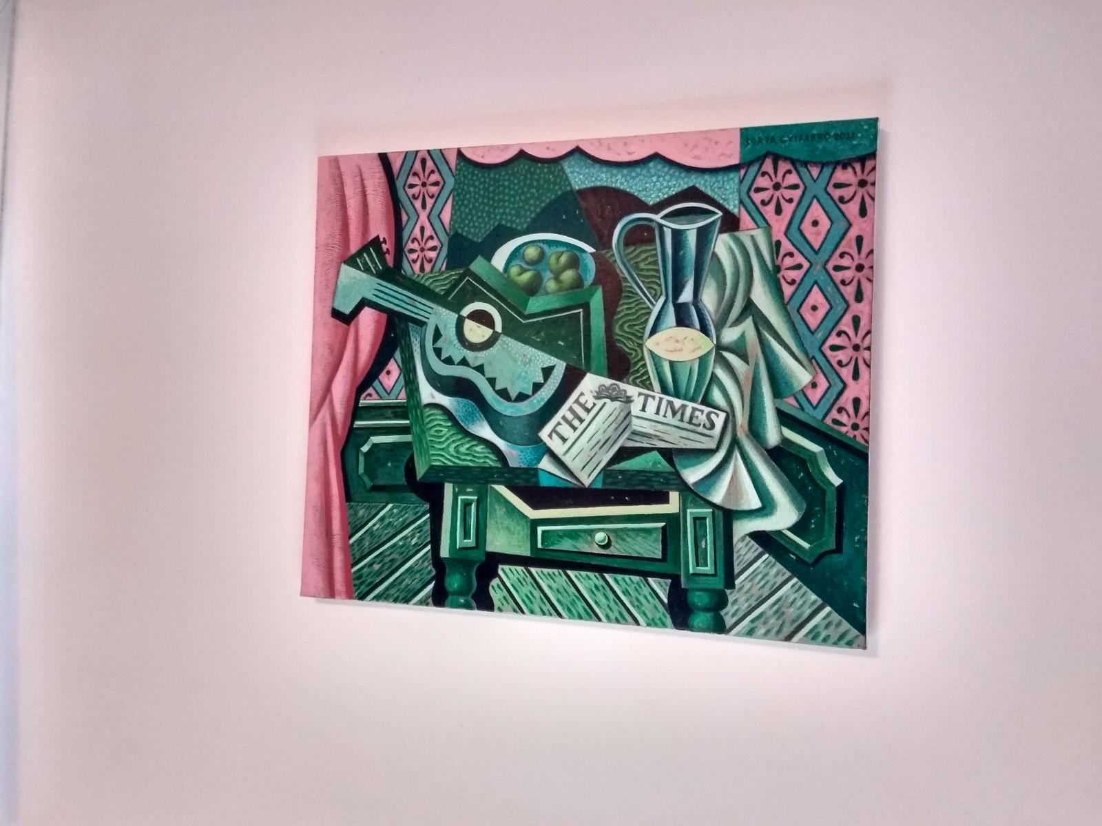 The Green Table - original still life modern abstract cubism artwork mixed media - Painting by Borja Guijarro