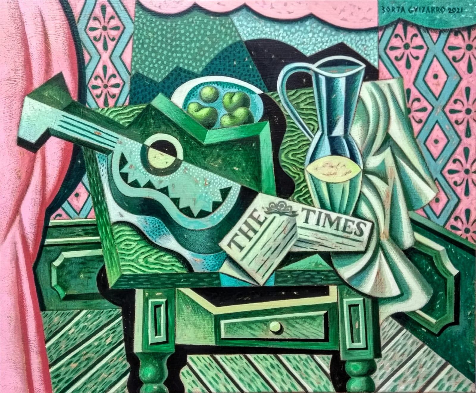 Borja Guijarro Abstract Painting - The Green Table - original still life modern abstract cubism artwork mixed media