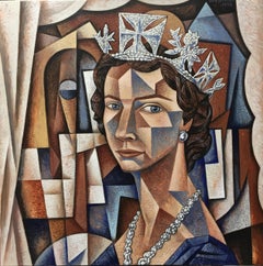 The Queen- original-royal cubism figurative-portrait painting-contemporary Art