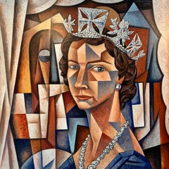 The Queen- original-royal  figurative cubism-portrait painting-contemporary Art