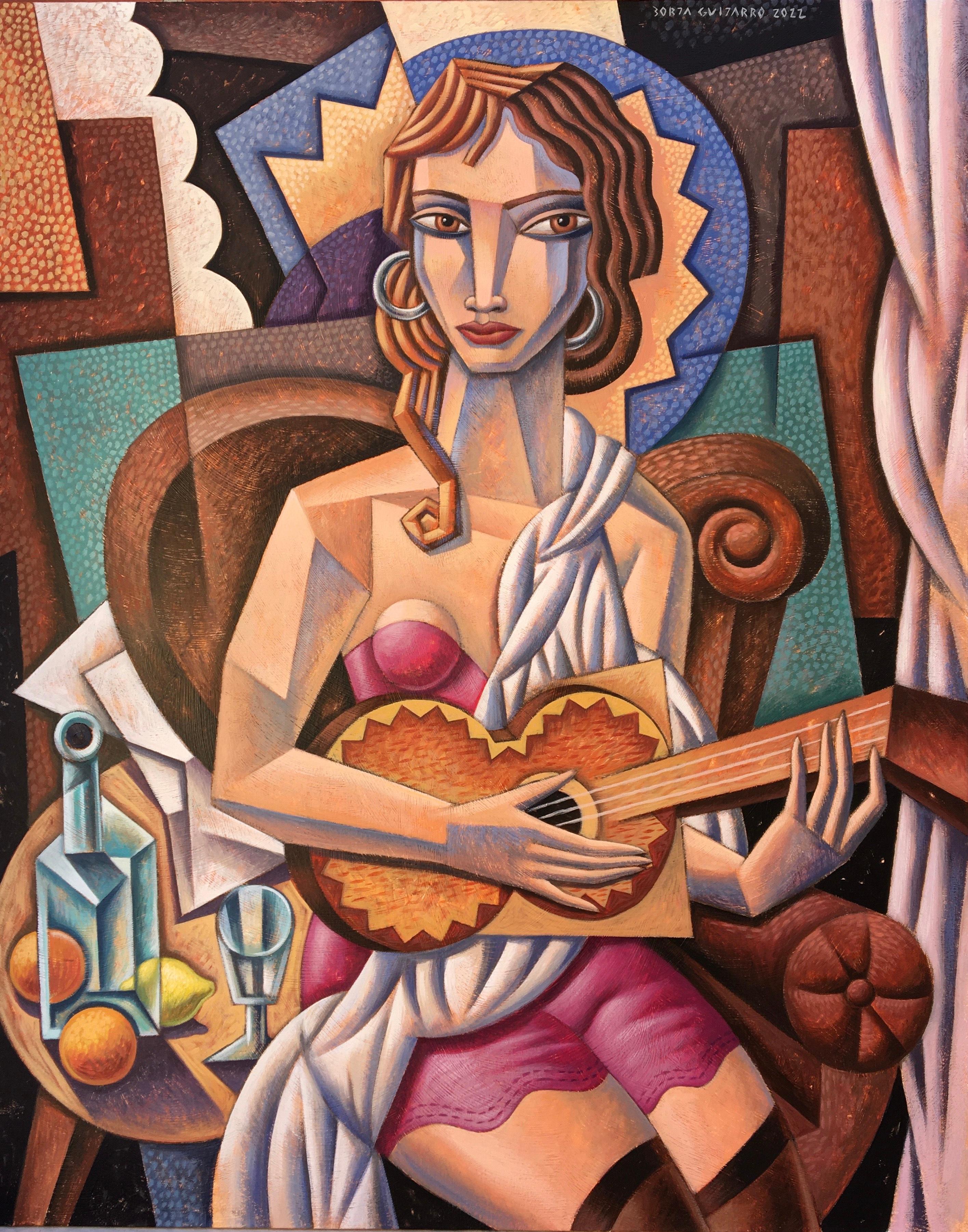 Tocando  Guitarra - female figure modern abstract cubism painting human form - Painting by Borja Guijarro