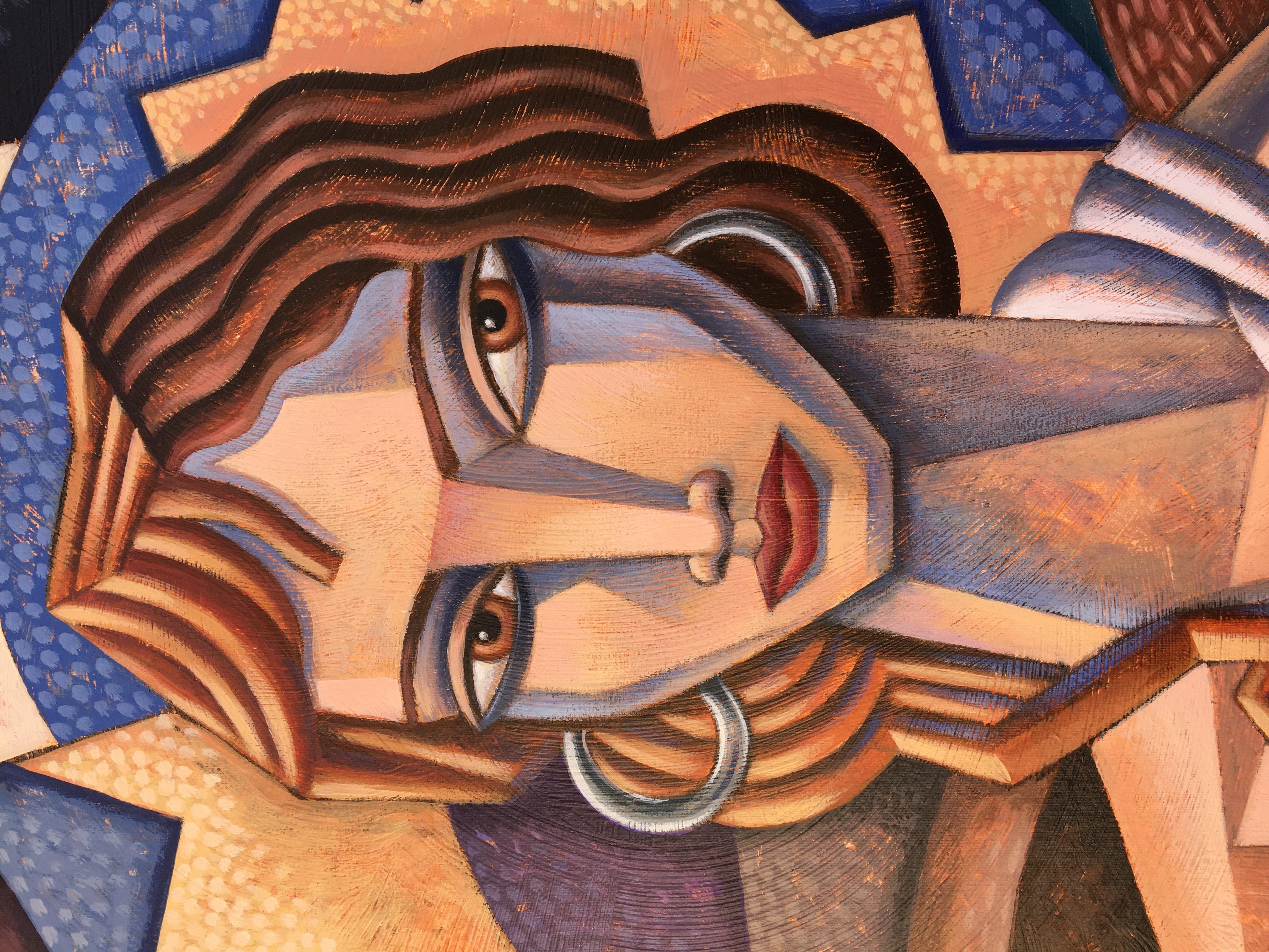 Tocando  Guitarra - figura femminile pittura astratta moderna cubismo forma umana - Painting Cubismo di Borja Guijarro