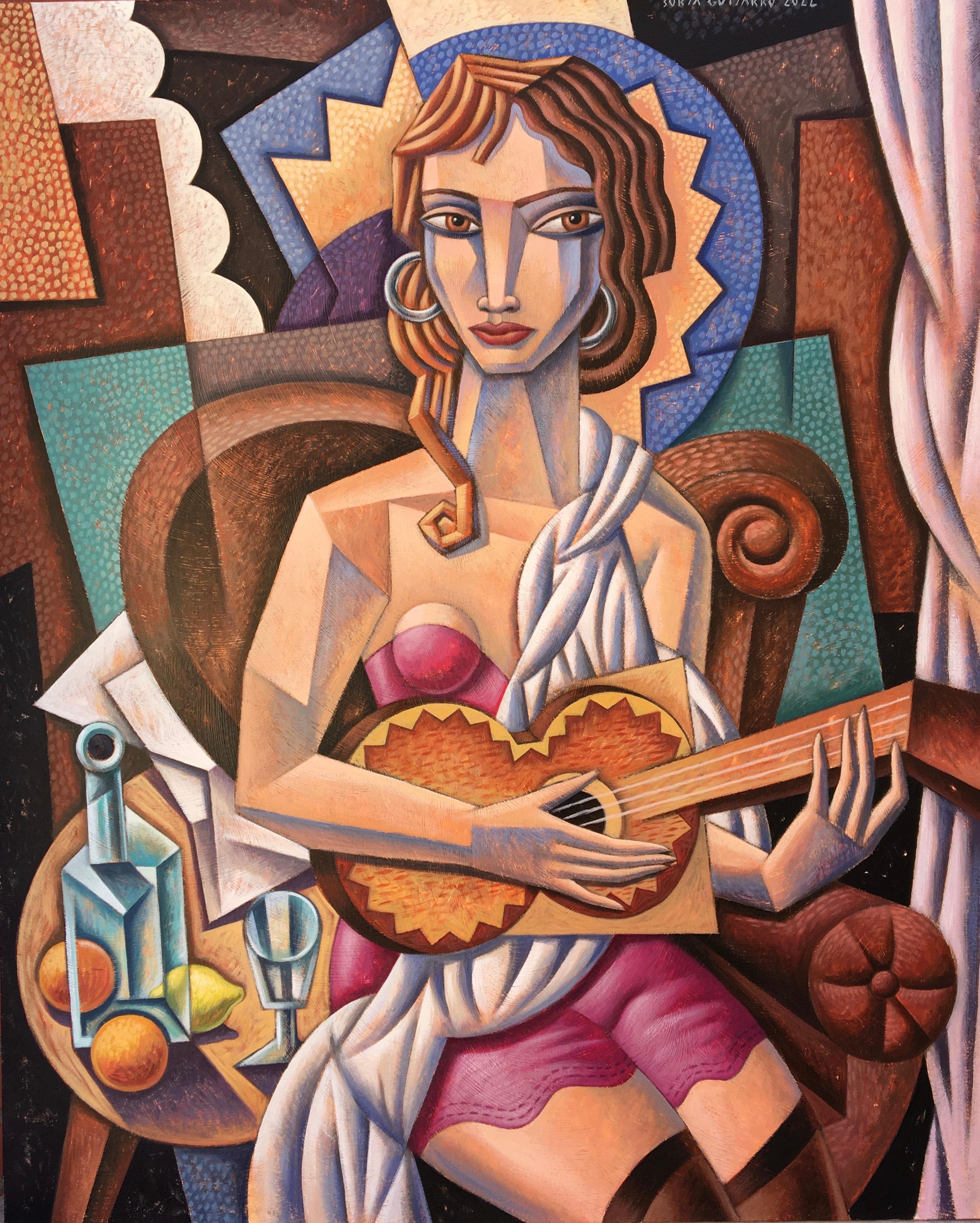 Borja Guijarro Abstract Painting - Tocando  Guitarra - female figure modern abstract cubism painting human form