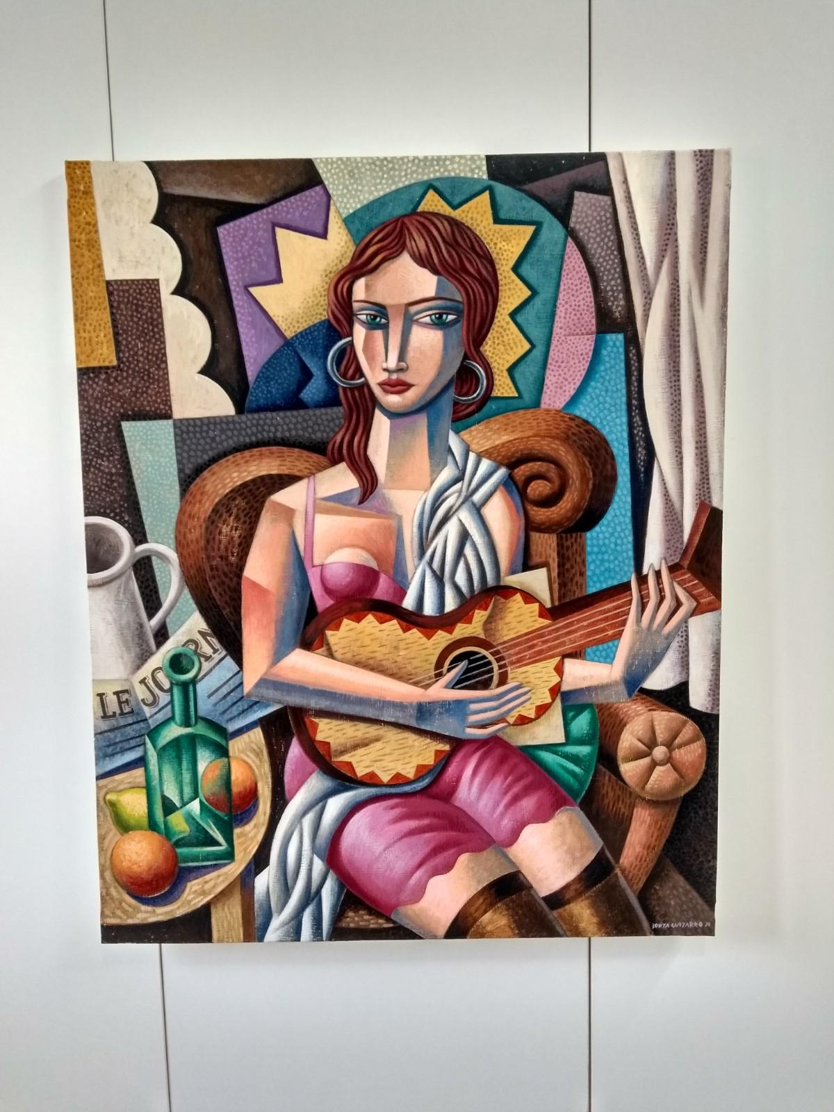 Tocando La Guitarra - female figure modern abstract cubism painting human form - Painting by Borja Guijarro