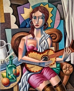 Tocando La Guitarra - Figure féminine - peinture cubiste abstraite moderne de forme humaine