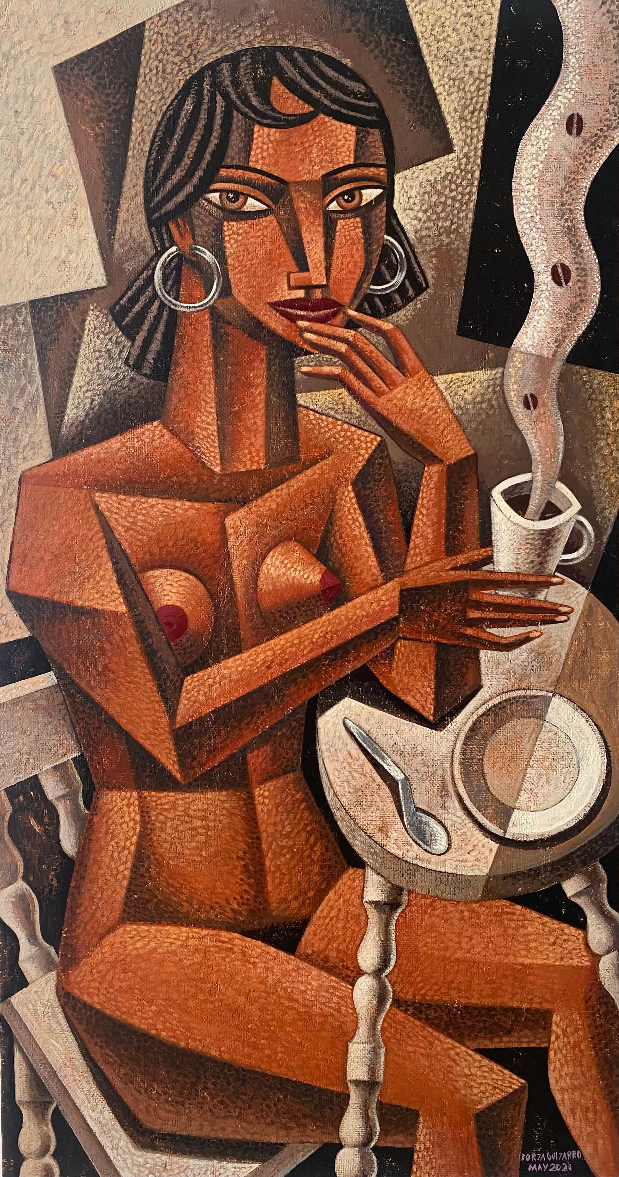 Tomando Cafe - original surreal figure cubism painting modern abstraction study