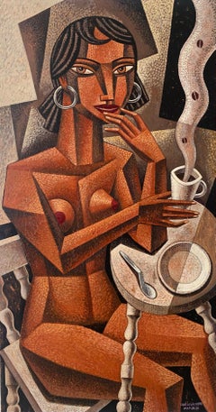 Tomando Cafe - original surreal figure cubism painting modern abstraction study