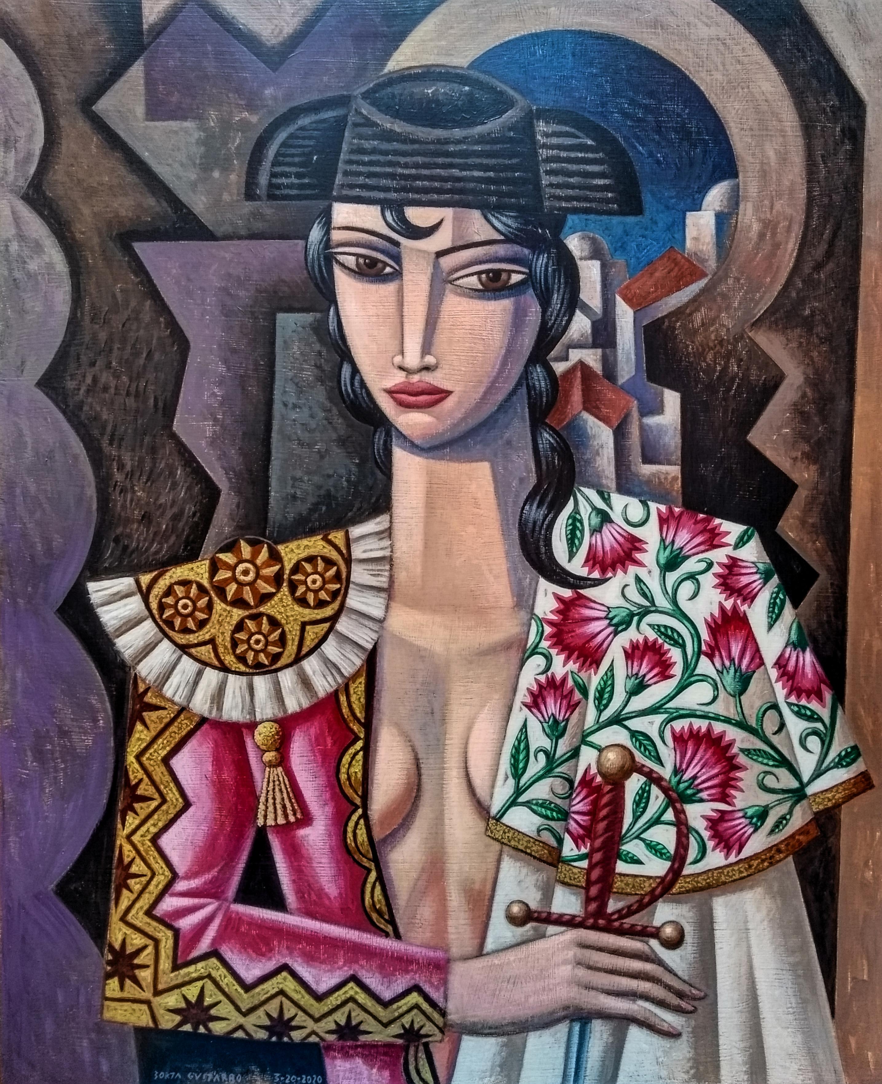 Torera - original cubism portraiture painting female figurative contemporary  - Painting by Borja Guijarro