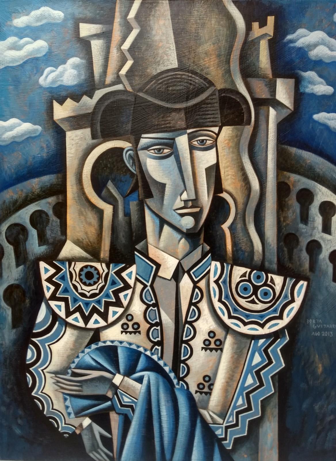 Borja Guijarro Abstract Painting - Torero en Azur - portraiture figurative male cubism abstract mixed media current