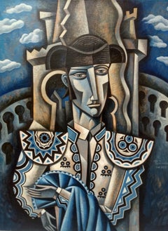Torero en Azur - portraiture homme figuratif cubisme abstrait mixed media current