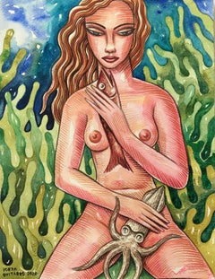 Under the sea - original nude female painting modern contemporary cubism