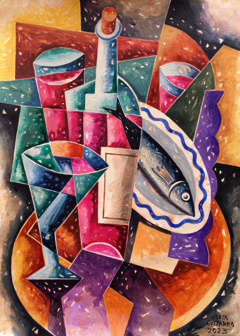 Borja Guijarro - Vino Y Sardina - Peinture cubiste originale - Nature ...