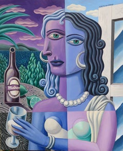 Frau mit einem Glas – abstraktes kubistisches figuratives weibliches Ölgemälde, moderne Studie