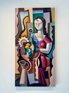 Woman with Jug, Original Cubist Acrylic Painting, Signed 90 x 46 cm