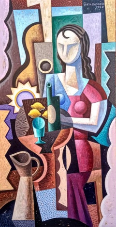 Woman with Jug, Original Cubist Acrylic Painting, Signed 90 x 46 cm