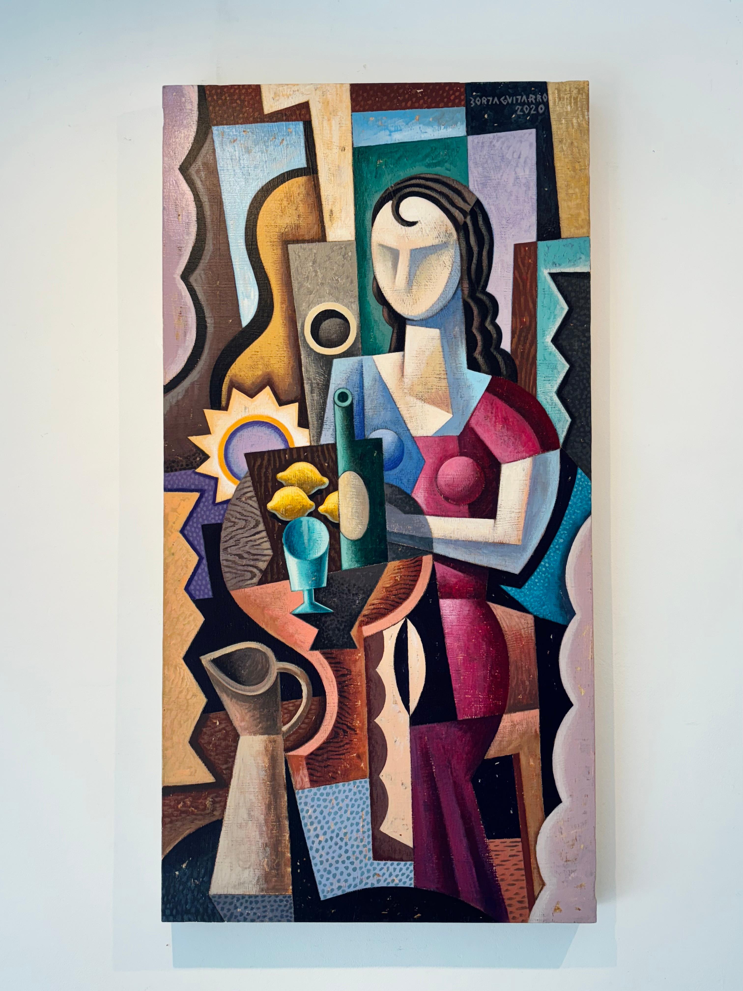 Frau mit Krug-originale figurative Kubismus Stilleben Malerei-zeitgenössische Kunst – Painting von Borja Guijarro