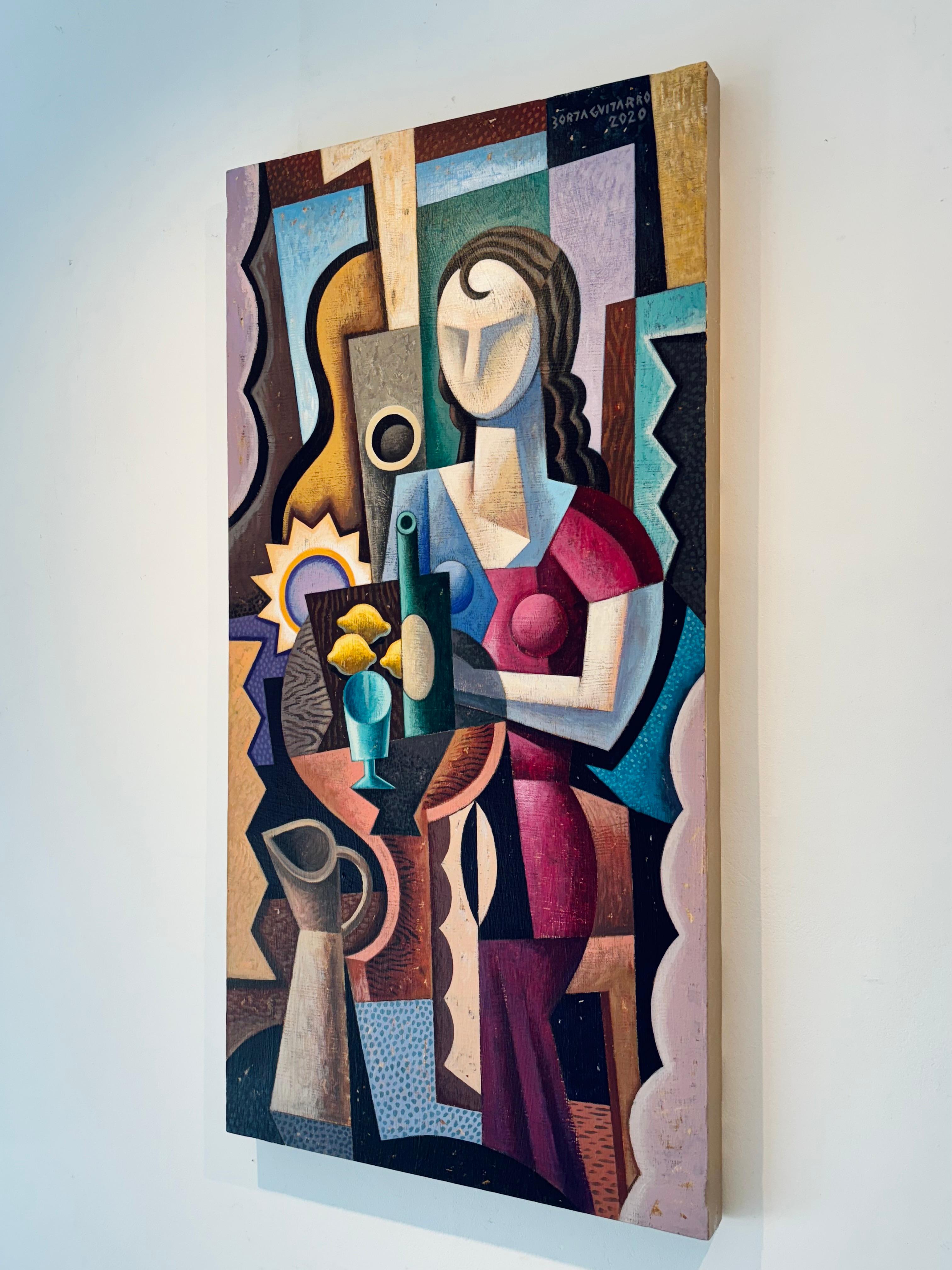 Frau mit Krug-originale figurative Kubismus Stilleben Malerei-zeitgenössische Kunst (Grau), Portrait Painting, von Borja Guijarro