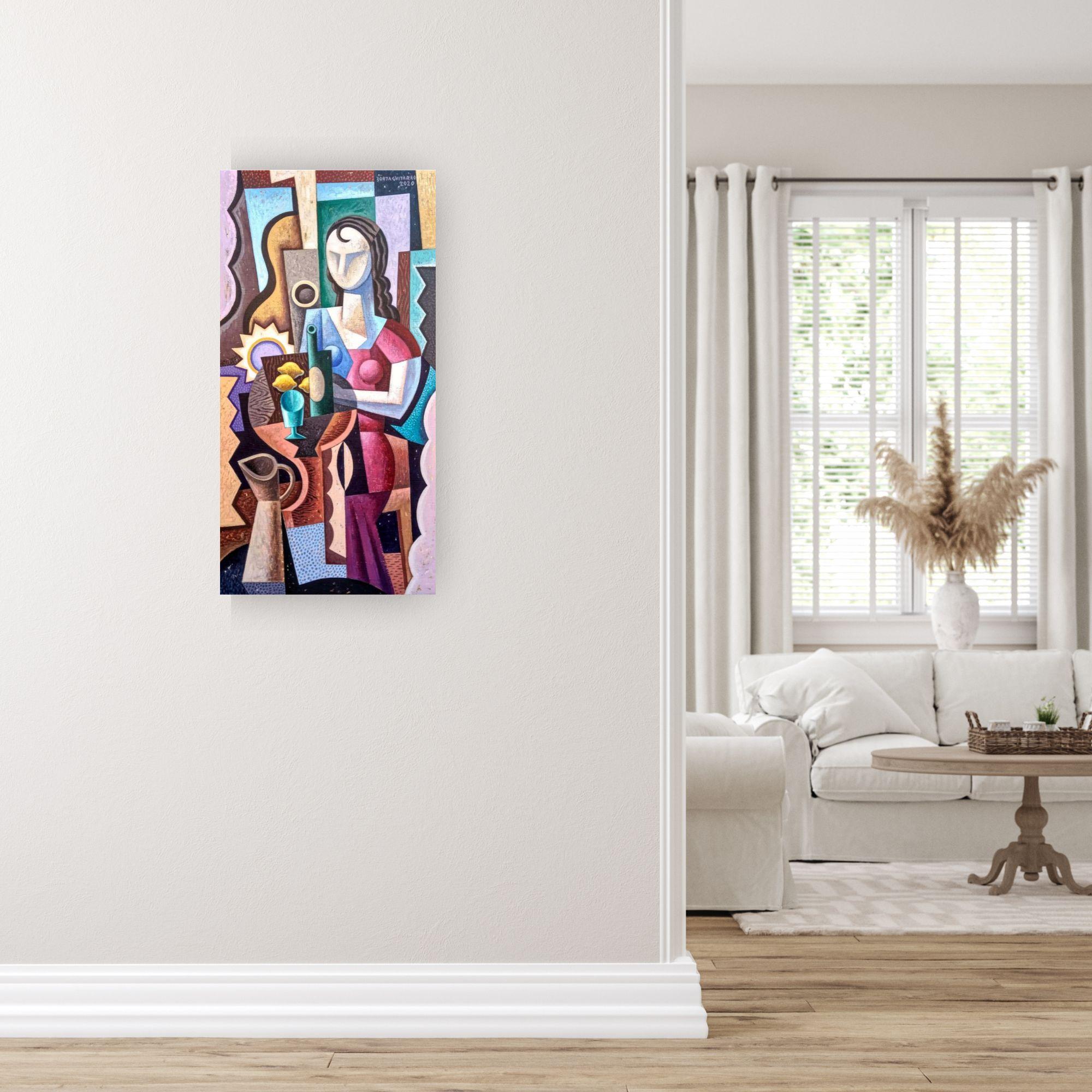 Frau mit Krug-originale figurative Kubismus Stilleben Malerei-zeitgenössische Kunst im Angebot 1