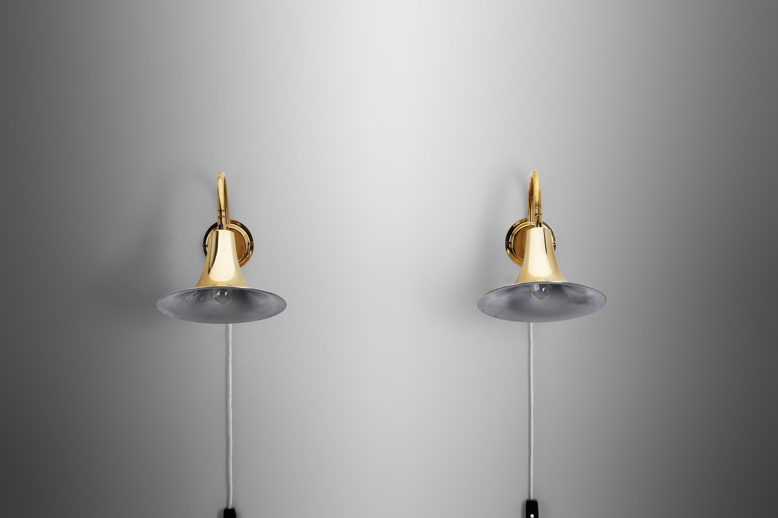 Scandinavian Modern Börje Claes Brass Adjustable Wall Lamps for Norlett Elit, Sweden 1970s