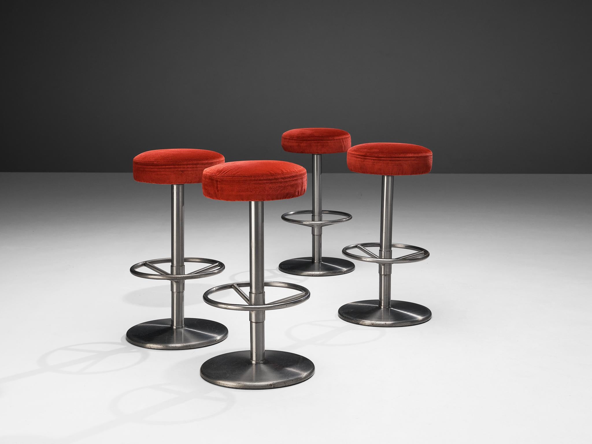 Mid-20th Century  Börje Johanson Set of Four Bar Stools in Metal and Red Velvet Upholstery
