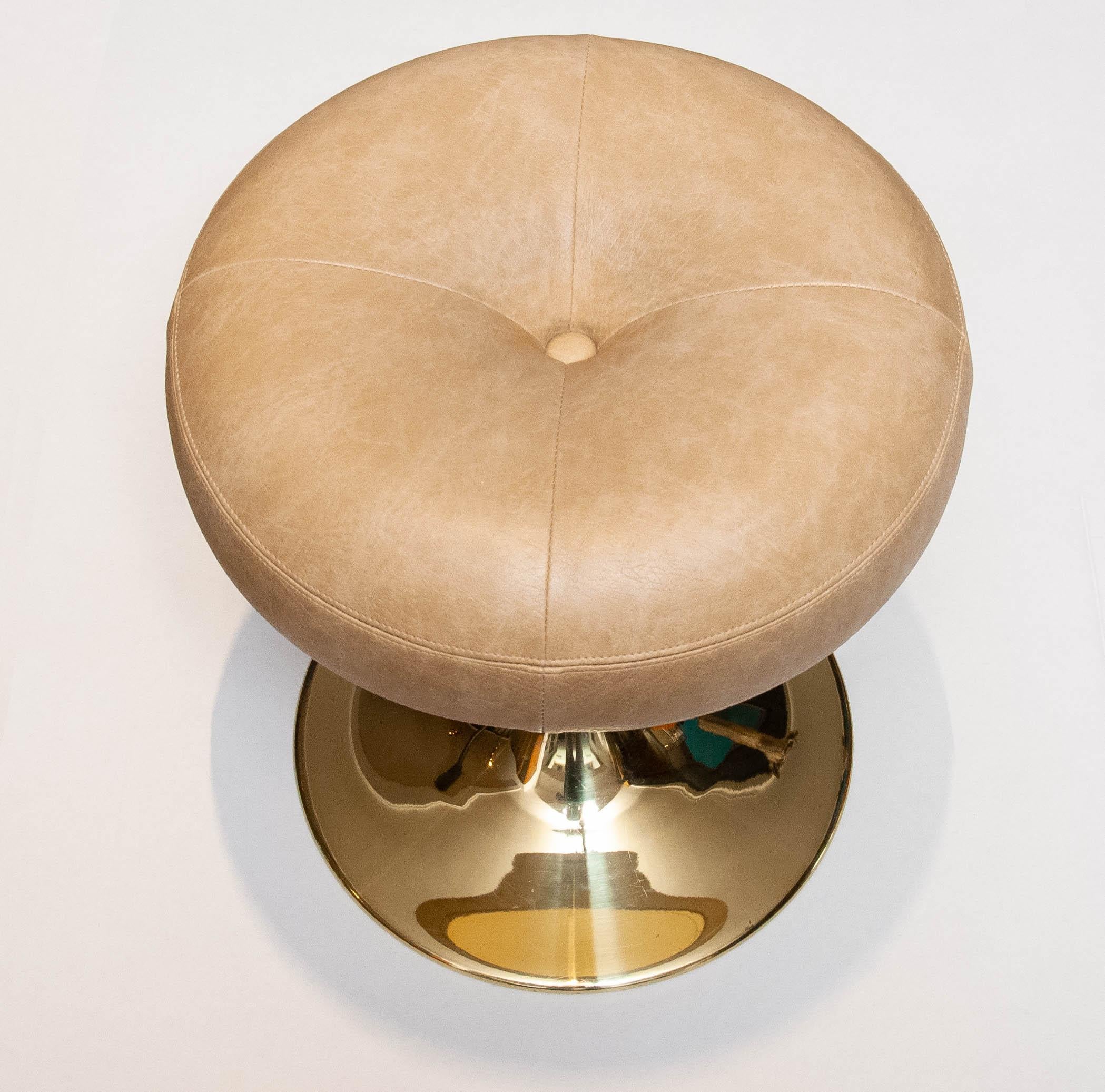 Hollywood Regency Borje Johanson Beige Faux Leather and Gold Tulip Base Stool from Sweden, 1960s