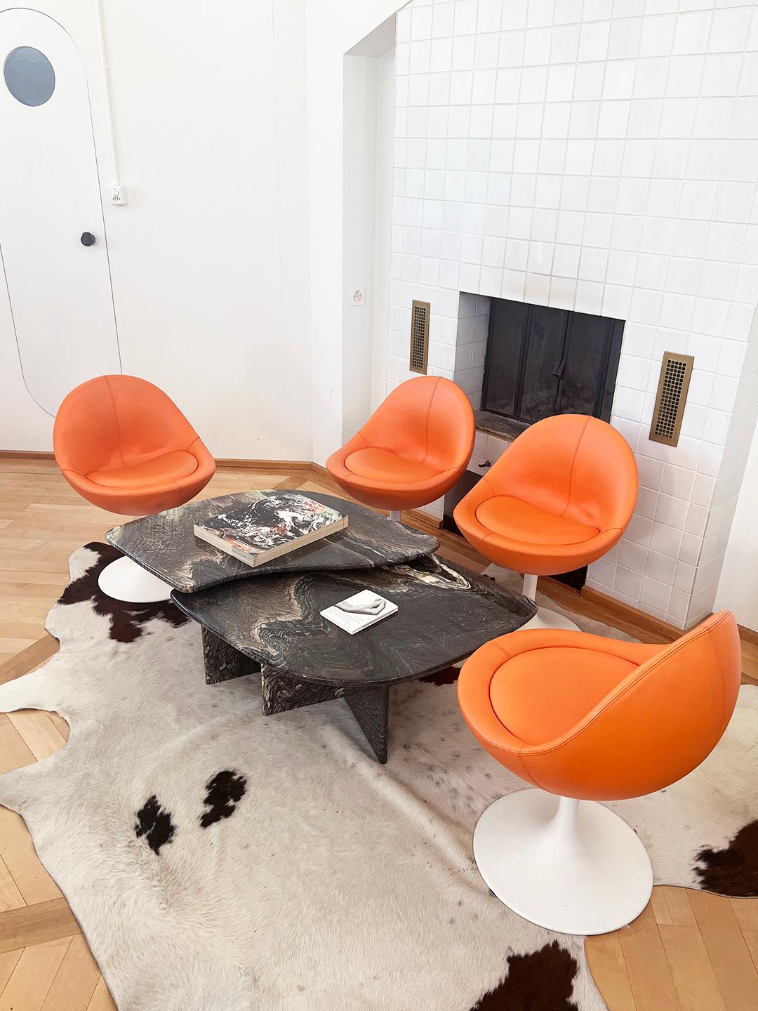 Mid-Century Modern Börje Johanson Orange Leather Venus Chairs on White Tulip Foot, Sweden 60s -Pair For Sale