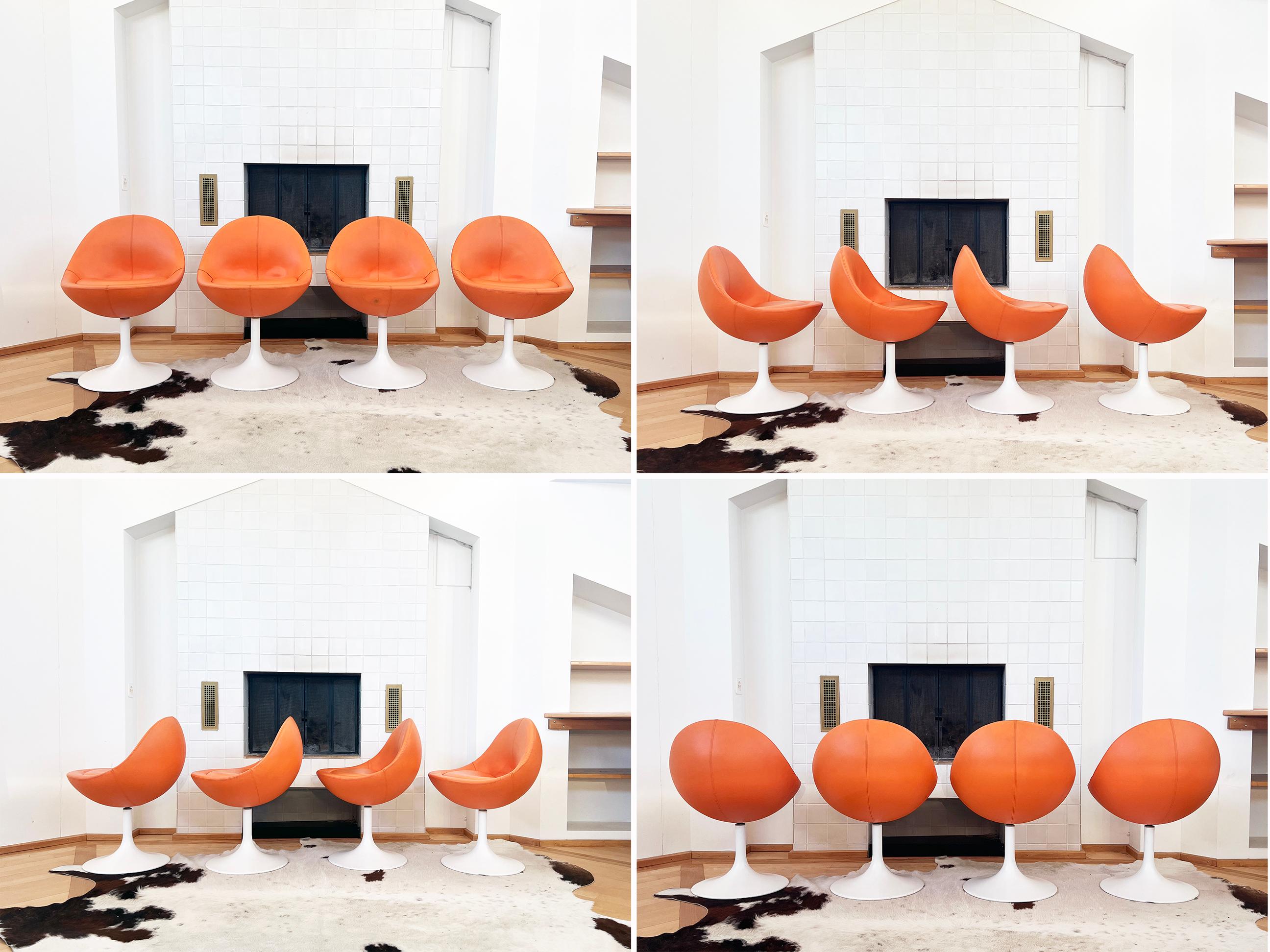 Börje Johanson Orange Leather Venus Chairs w/ Tulip Foot Sweden 60s -Set of 5  In Good Condition For Sale In Basel, BS