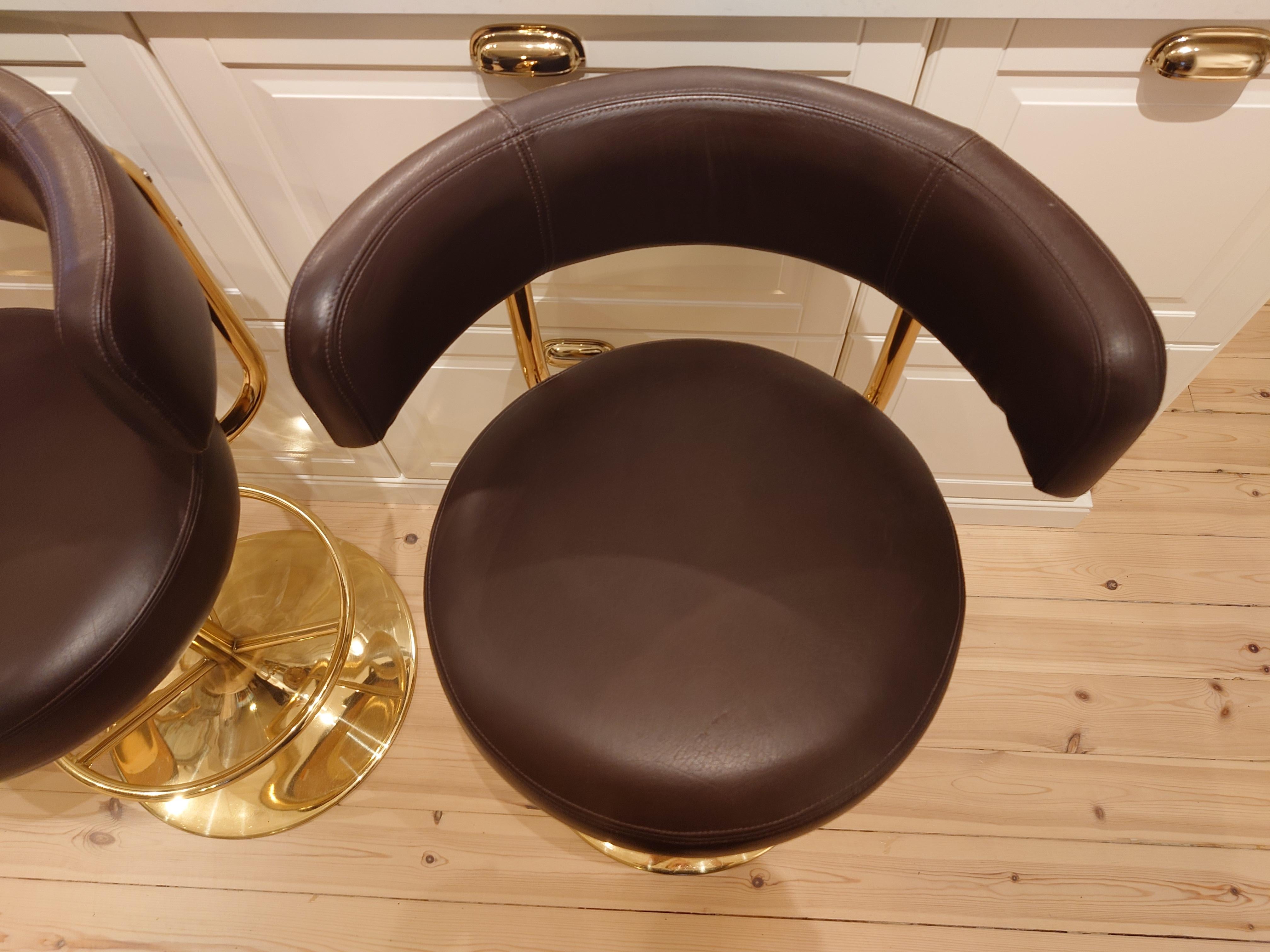 Börje Johanson set of Three Barstools in brown Leatherette 1970s Brass 3