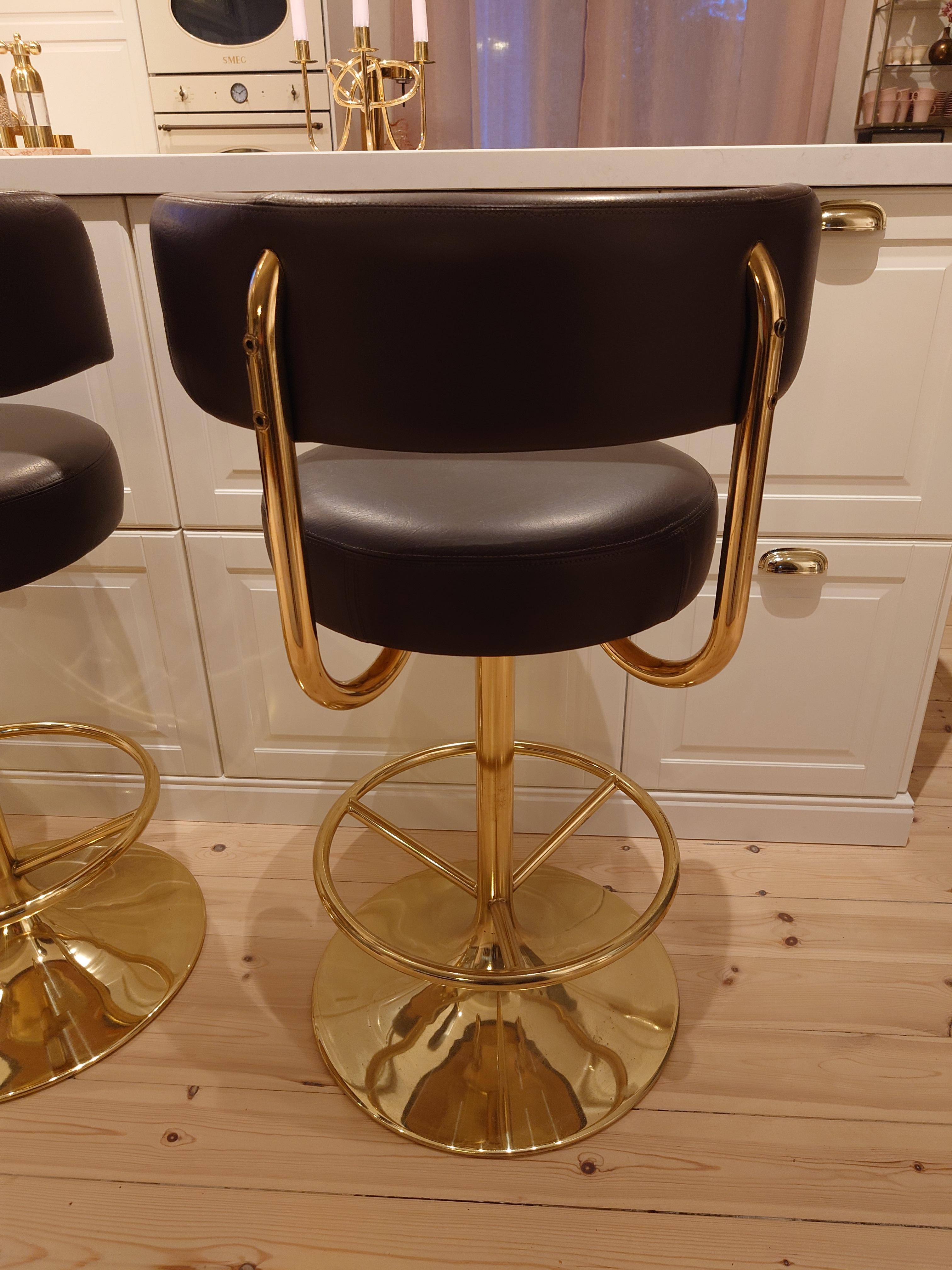 Börje Johanson set of Three Barstools in brown Leatherette 1970s Brass 5