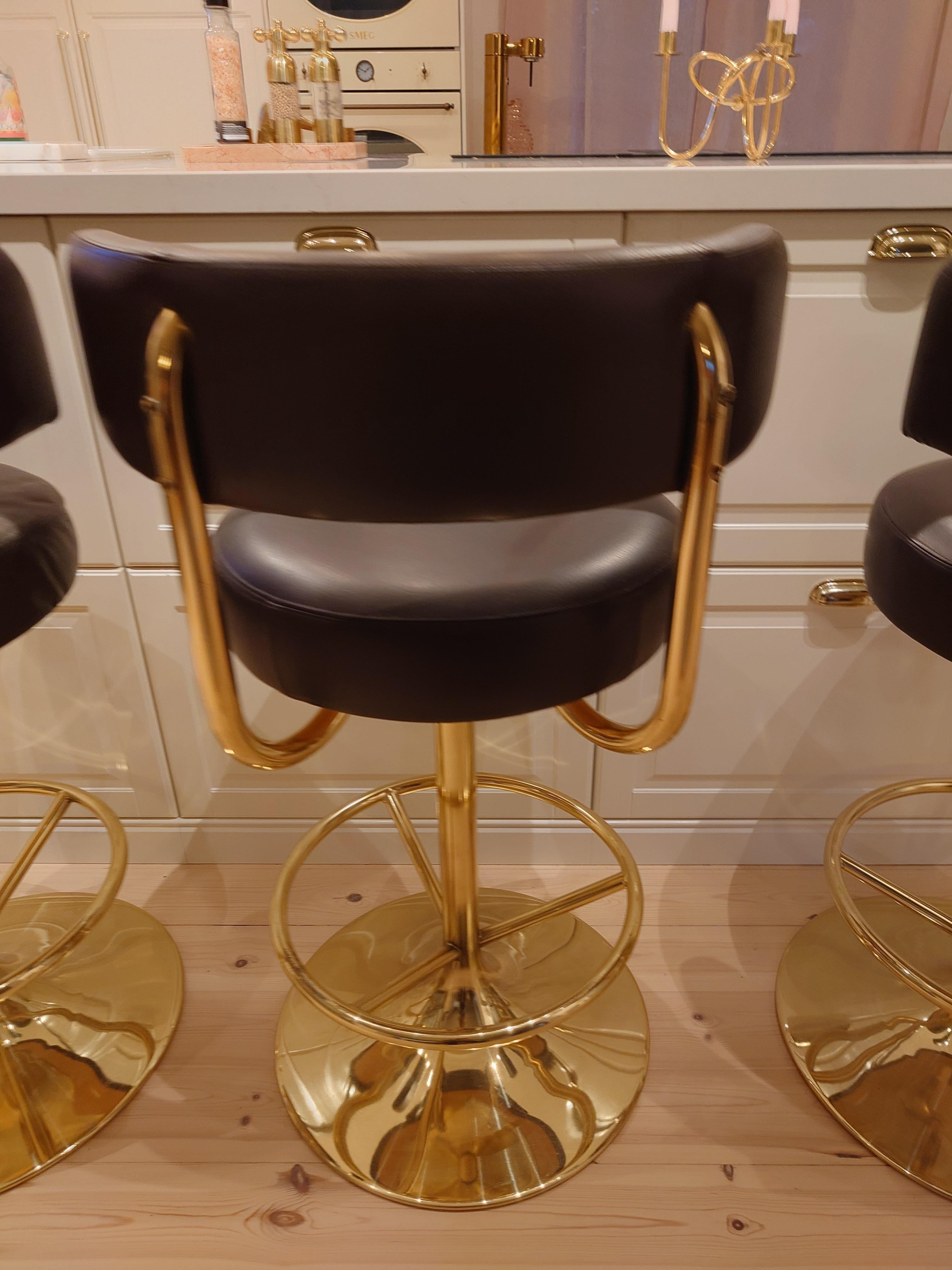 Börje Johanson set of Three Barstools in brown Leatherette 1970s Brass 6