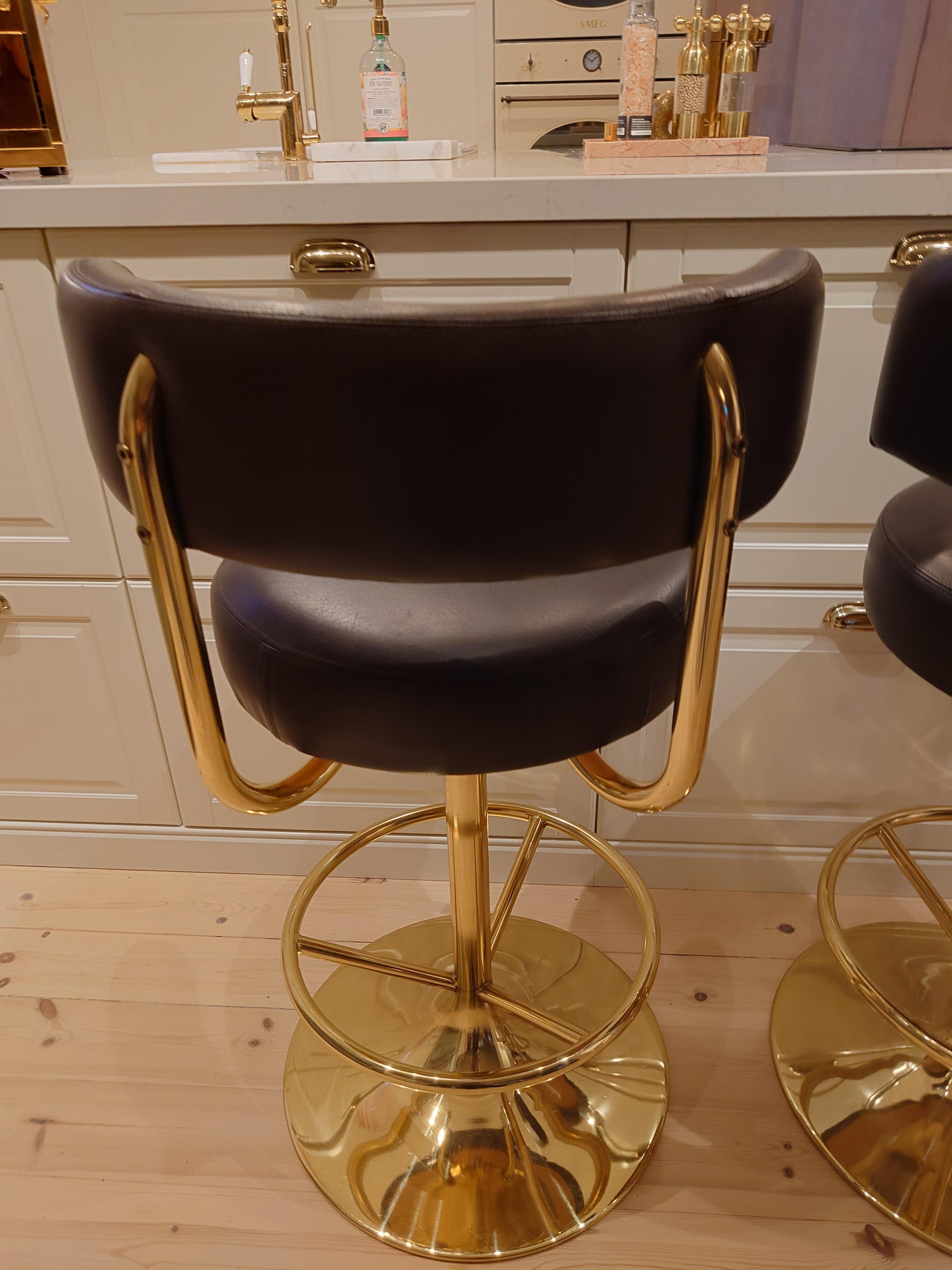 Börje Johanson set of Three Barstools in brown Leatherette 1970s Brass 7