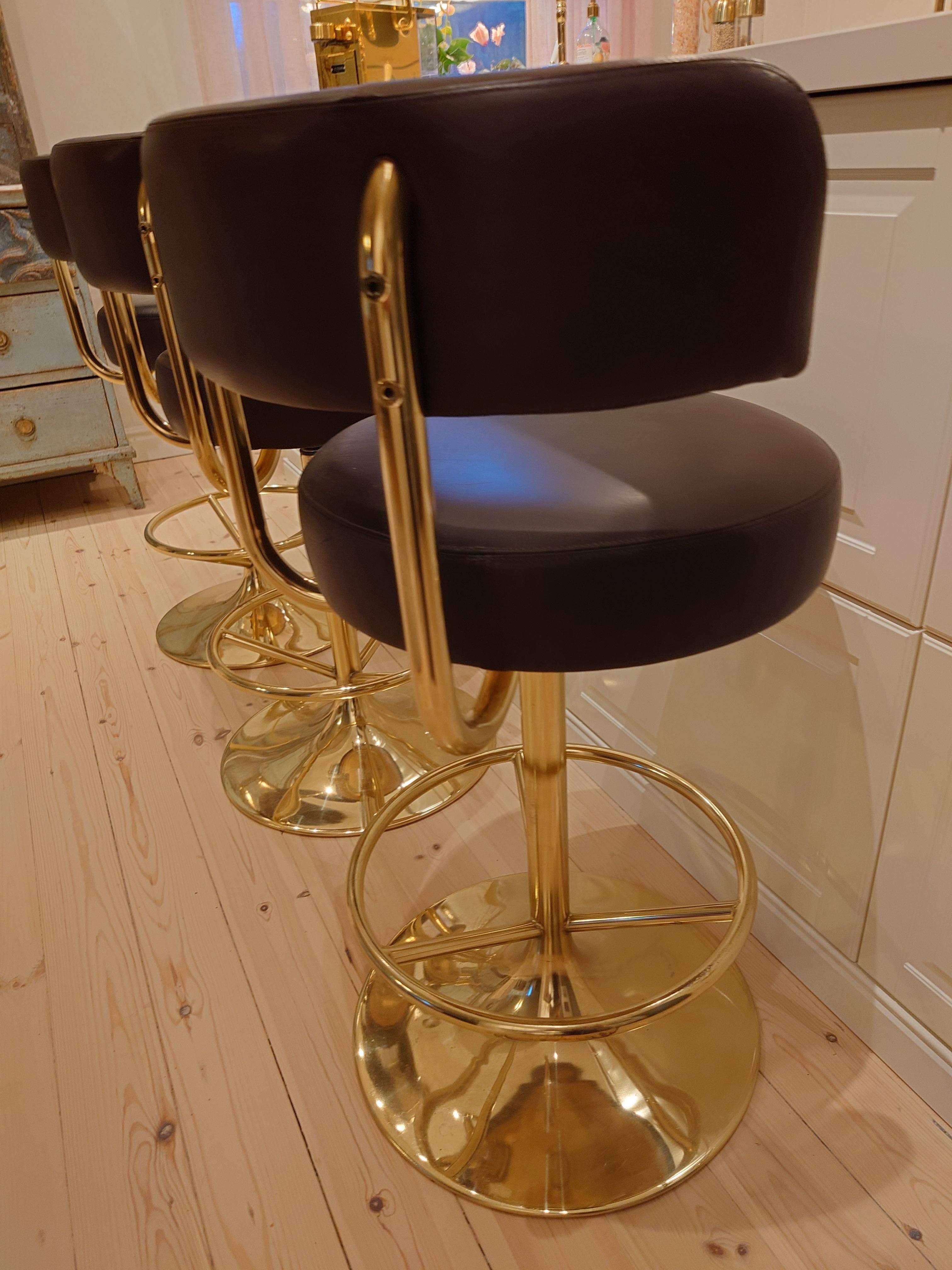 Börje Johanson set of Three Barstools in brown Leatherette 1970s Brass  12