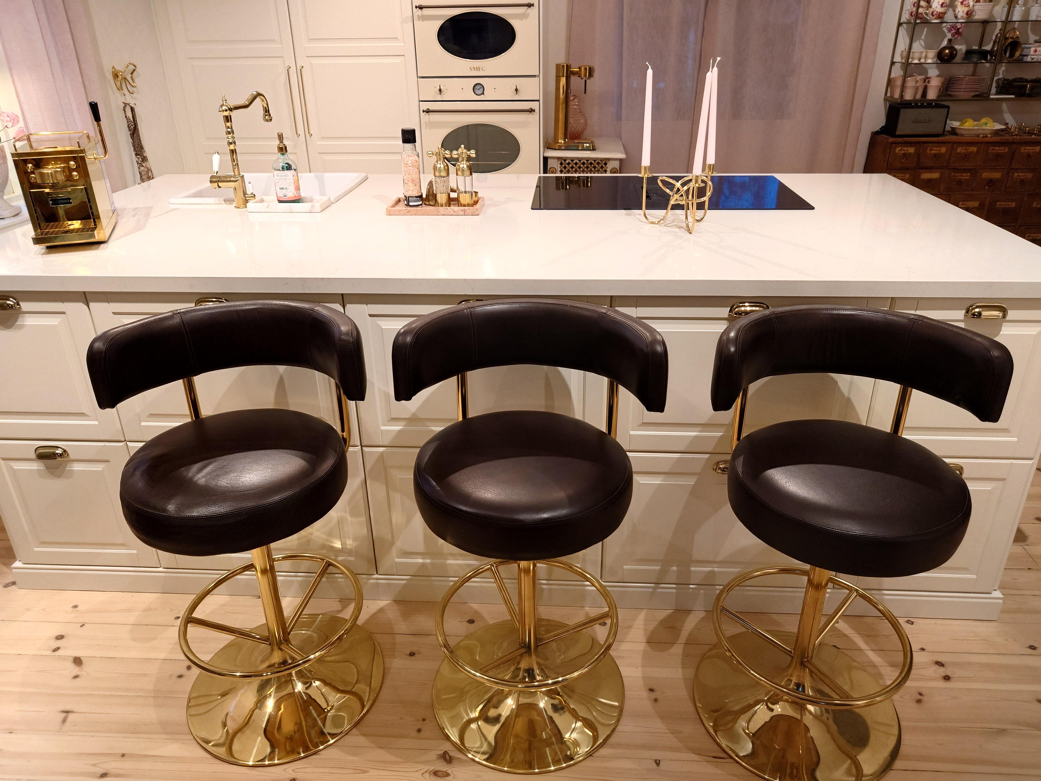 Mid-Century Modern Börje Johanson set of Three Barstools in brown Leatherette 1970s Brass