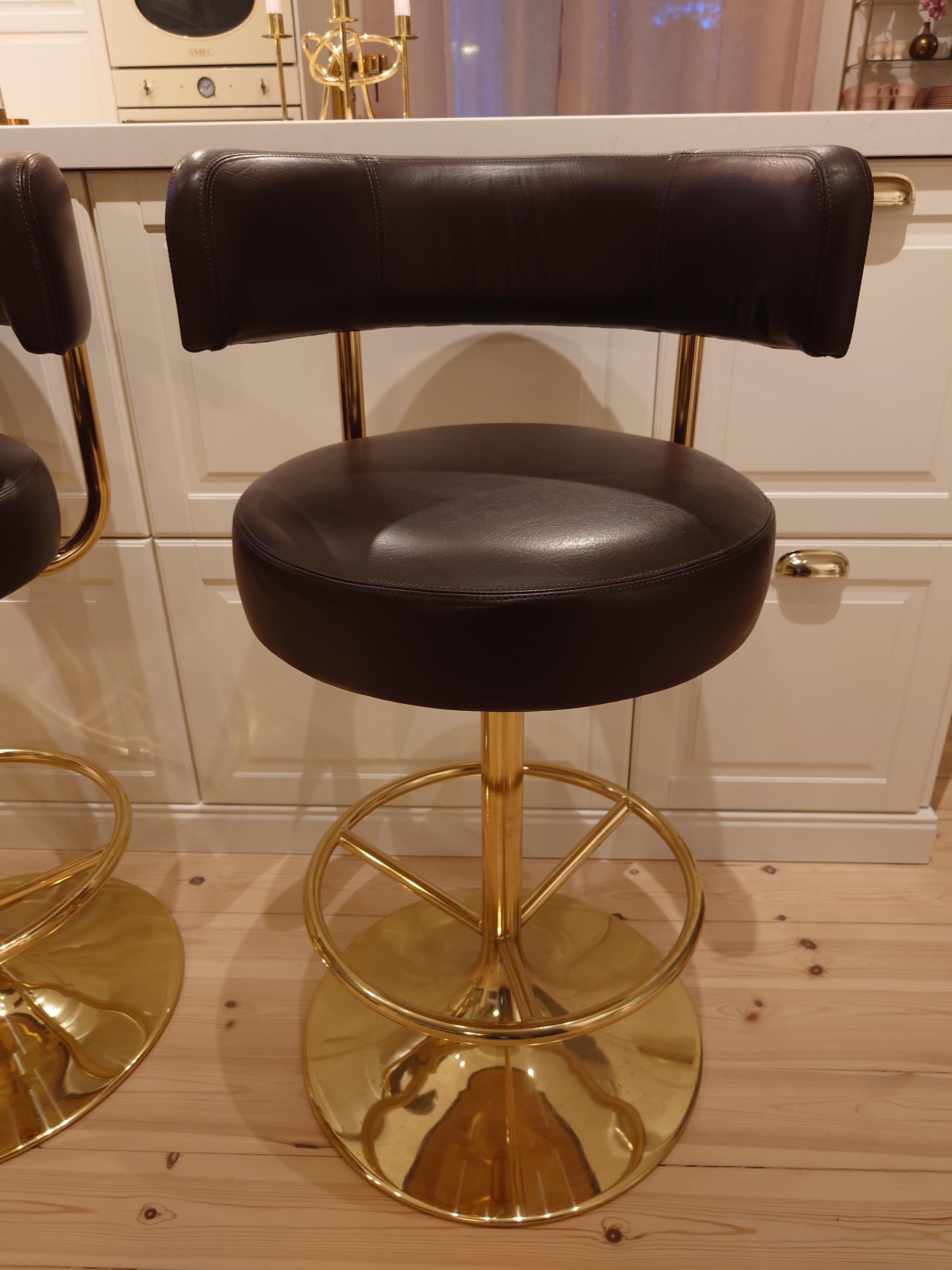 Börje Johanson set of Three Barstools in brown Leatherette 1970s Brass  In Good Condition In Boden, SE