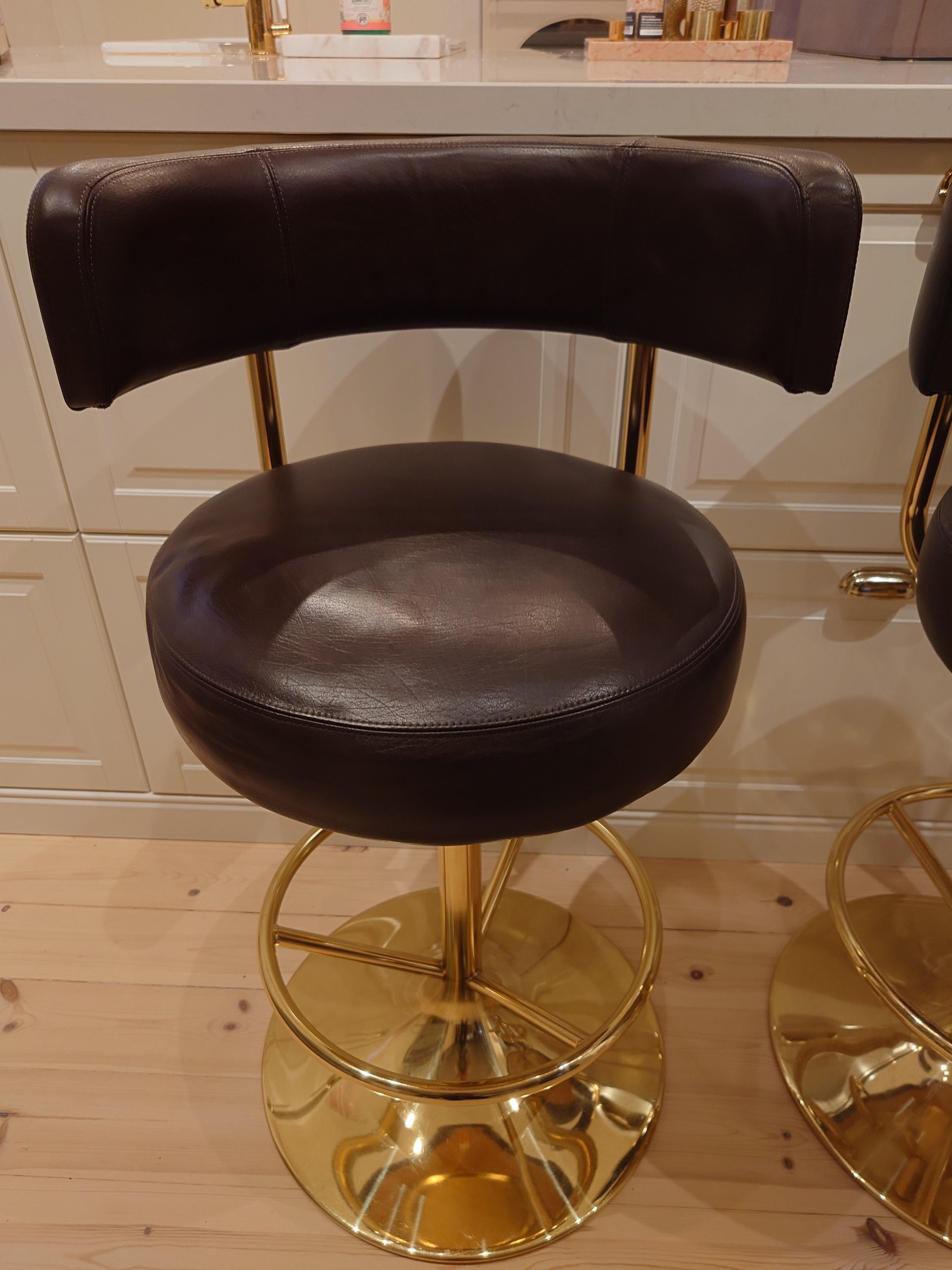 Metal Börje Johanson set of Three Barstools in brown Leatherette 1970s Brass