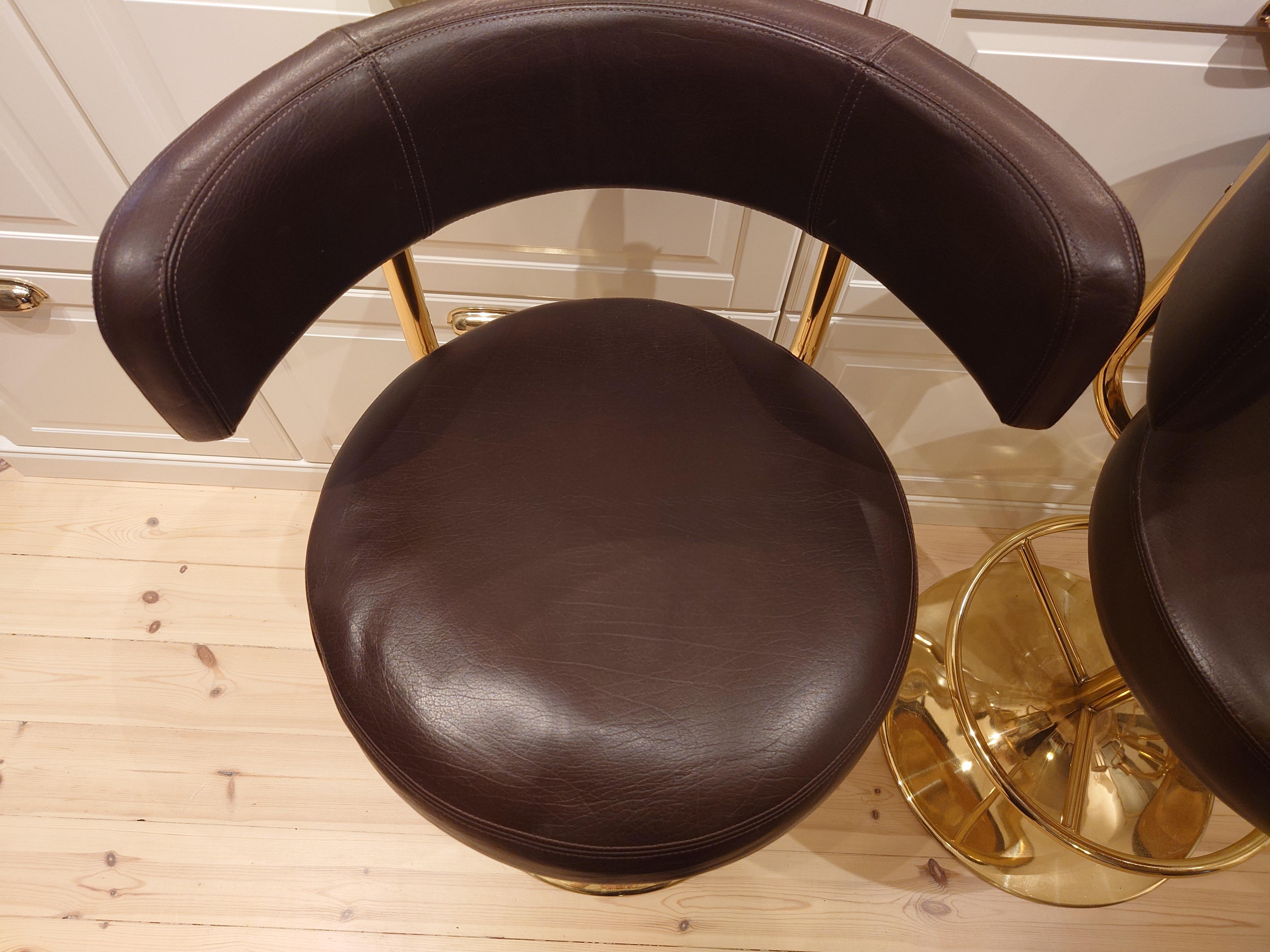 Börje Johanson set of Three Barstools in brown Leatherette 1970s Brass  1